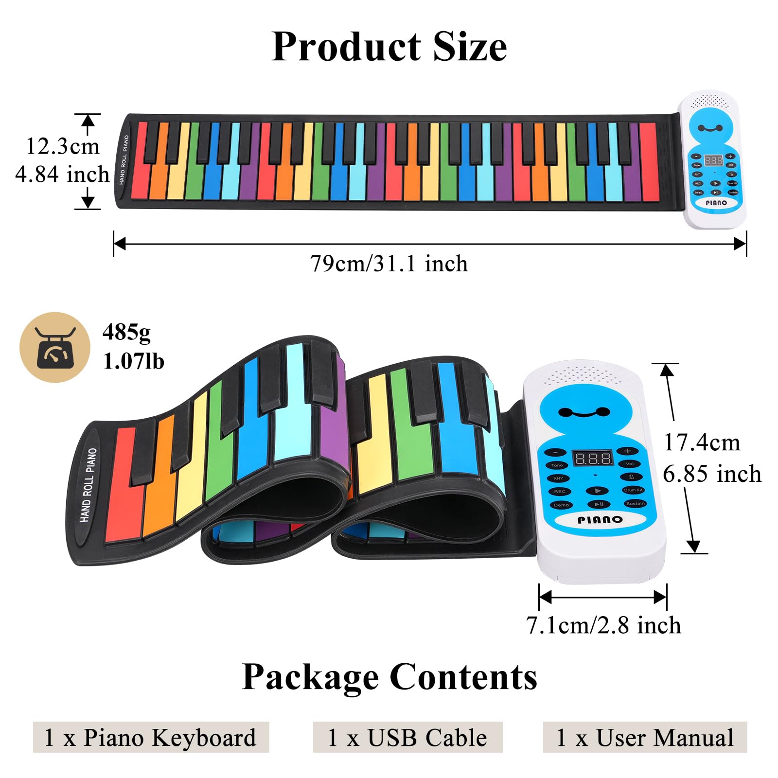 POGOLAB Clavier Piano Souple 49 Touches, 14 Démos, 128 Tons, 128 Rythmes, Enregistrement, Microphone et Prise Casque, Piano de Voyage Electrique Numérique Rechargeable, Cadeau pour Débutants
