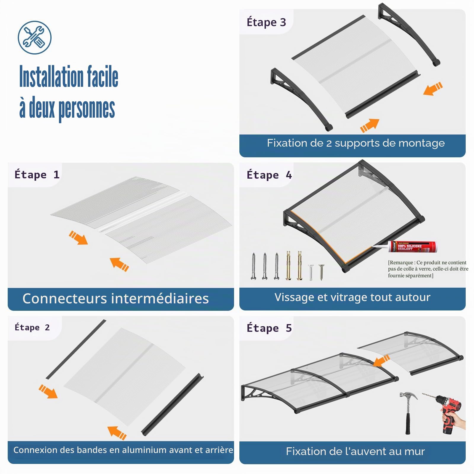 Marquise de Porte Extérieure 300x100cm Auvent avec Drainage pour Terrasse | Anti-UV pluie vent neige, Polycarbonate 5mm, Résiste aux chocs, Support ABS anti-rouille, pour Fenêtre, Balcon, Terrasse