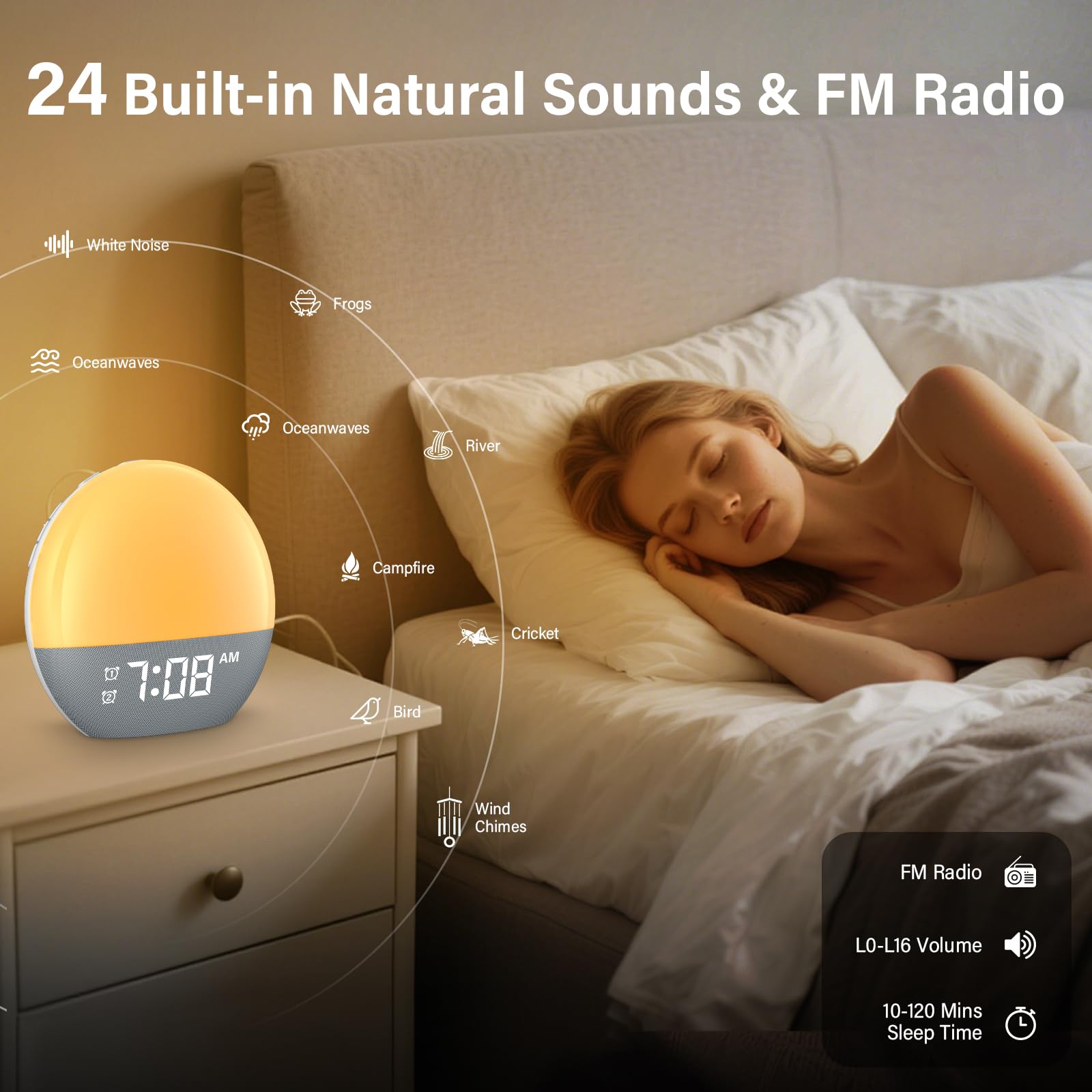 Sveglia a luce diurna, con doppio allarme digitale, 18 luci a colori, 20 luminosità, 24 suoni naturali, radio FM, simulazione dell'alba colorata, regalo per donne e uomini