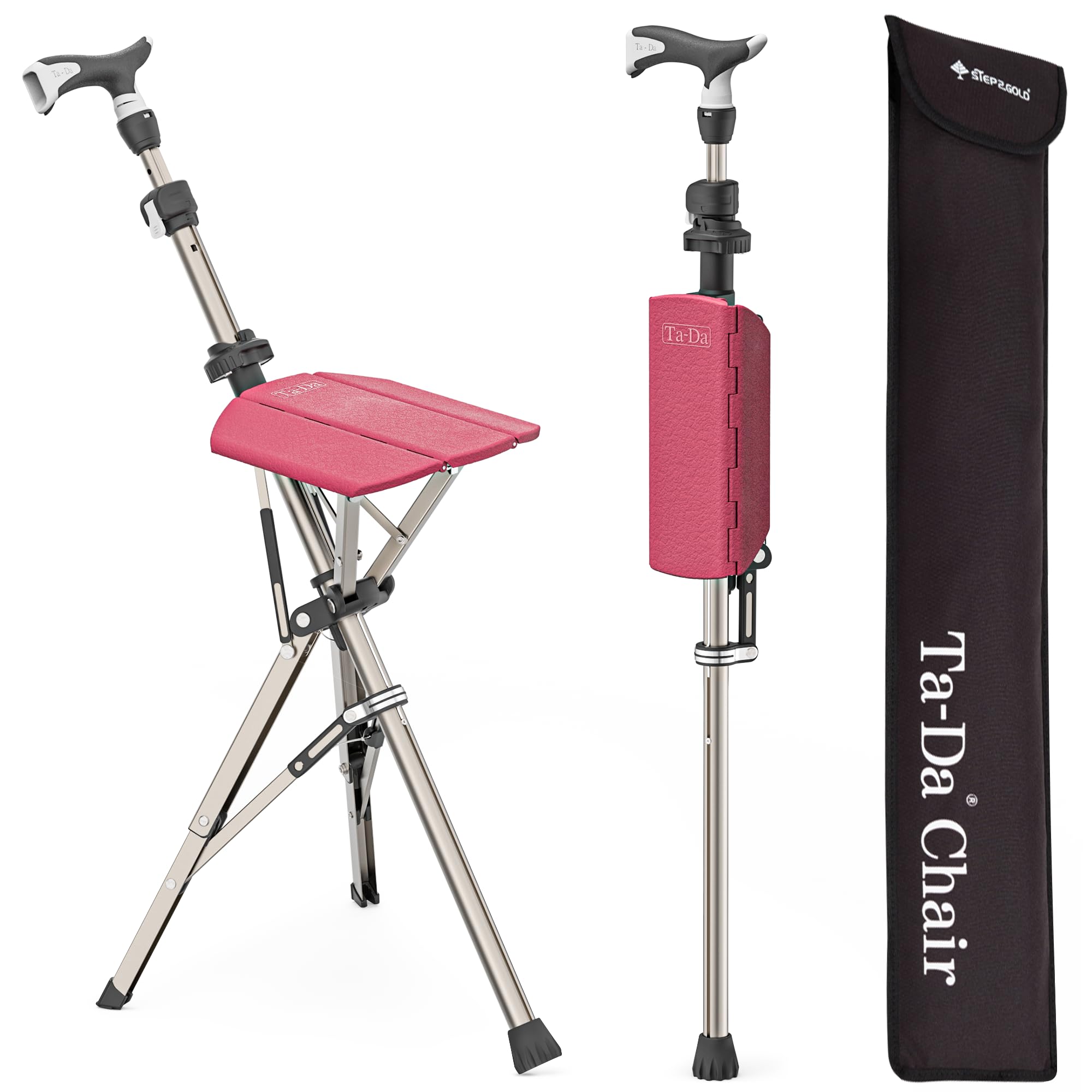 Ta-Da Chair PRO - Walking Stick with Seat, Ultra-Light Aluminium Frame & Sturdy Foldable Stool (up to 120kg), Collapsable Folding Design, Ideal for Travel & Sightseeing - Red, Adjustable