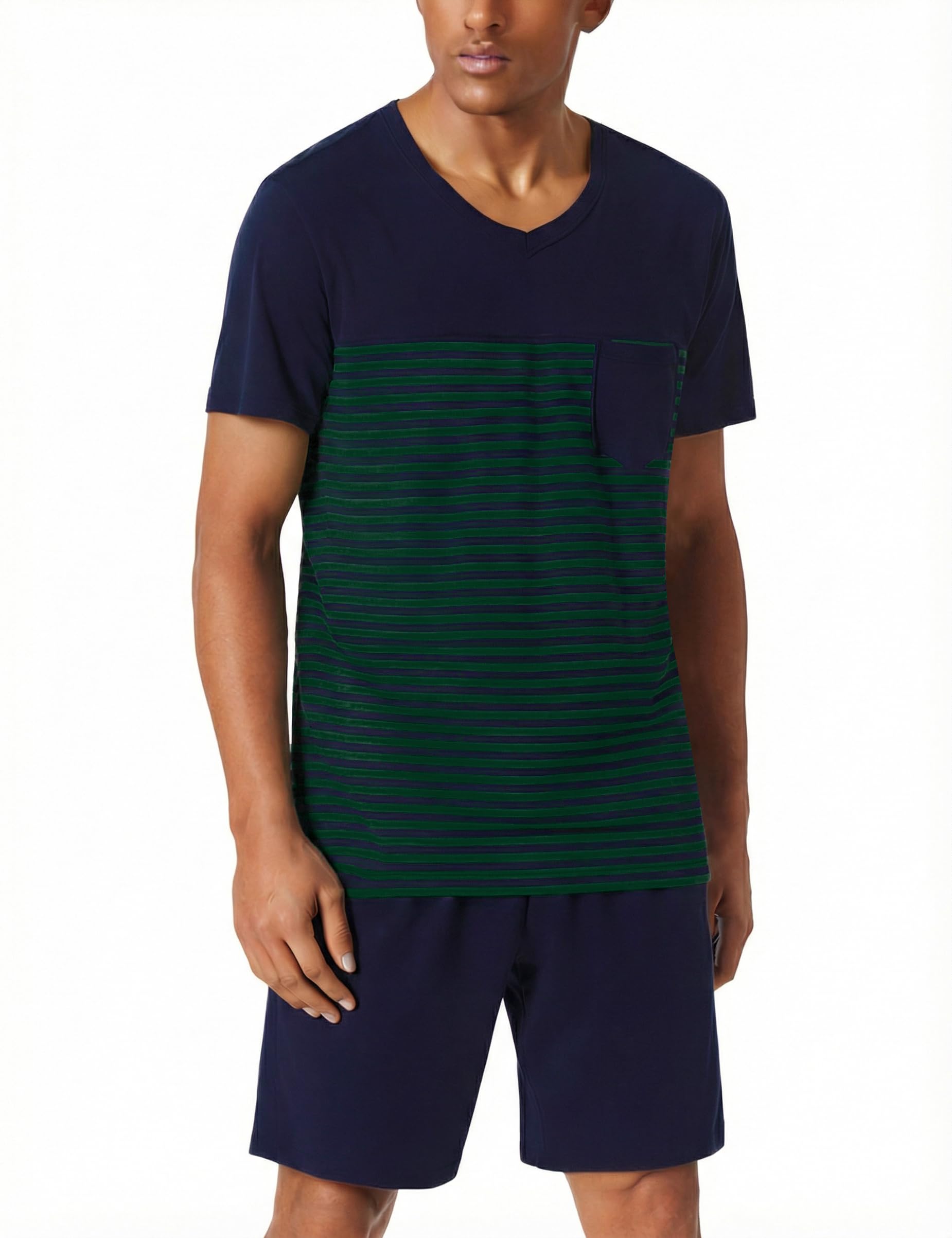 Litherday Pyjama Herren Kurz Schlafanzug Baumwolle Sommer Shorty | Nachtwäsche Gestreift Kurzarm Zweiteiliger V-Ausschnitt Oberteil und Schlafanzughose Loungewear Hausanzug Sleepwear