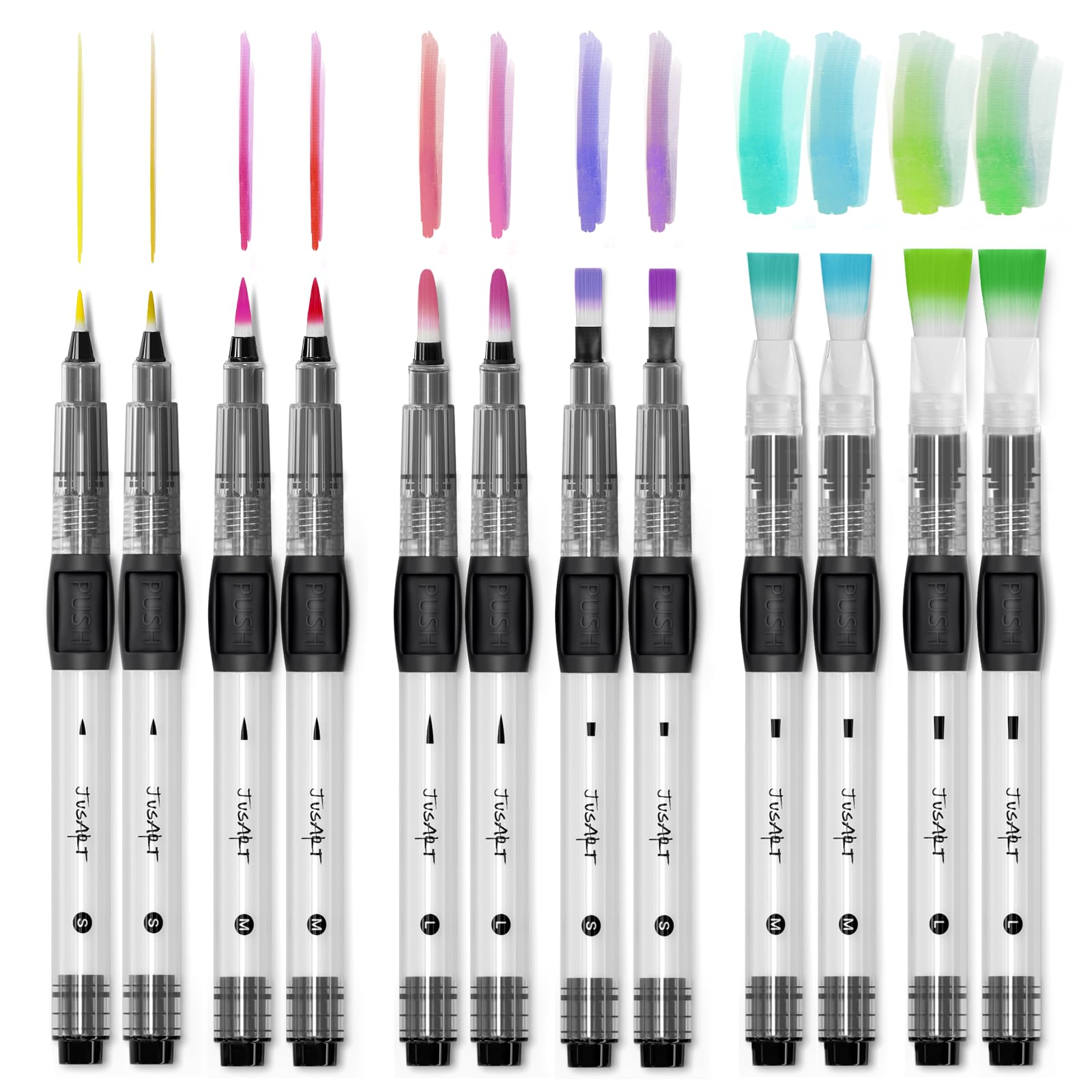 JusArt Water Brush Pens 12-Pack Leak-Proof Refillable Watercolor Pens for Acrylic and Gouache Painting - Includes Pointed & Flat Tip Styles - Portable