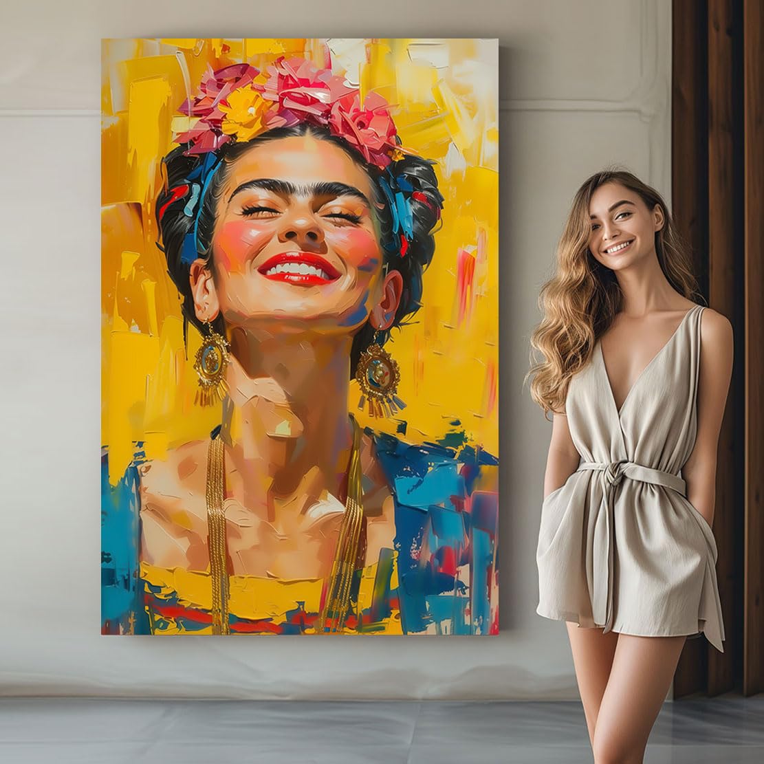 Kunstgestalten24 | Frida Kahlo Smile Abstrakt Modern Leinwand-Bild | mit Echtholz-Keilrahmen | Leinwandbild Wandbild Gemälde Kunst Art | Hochwertige Kunstdrucke | XXL Bilder auf Leinwand
