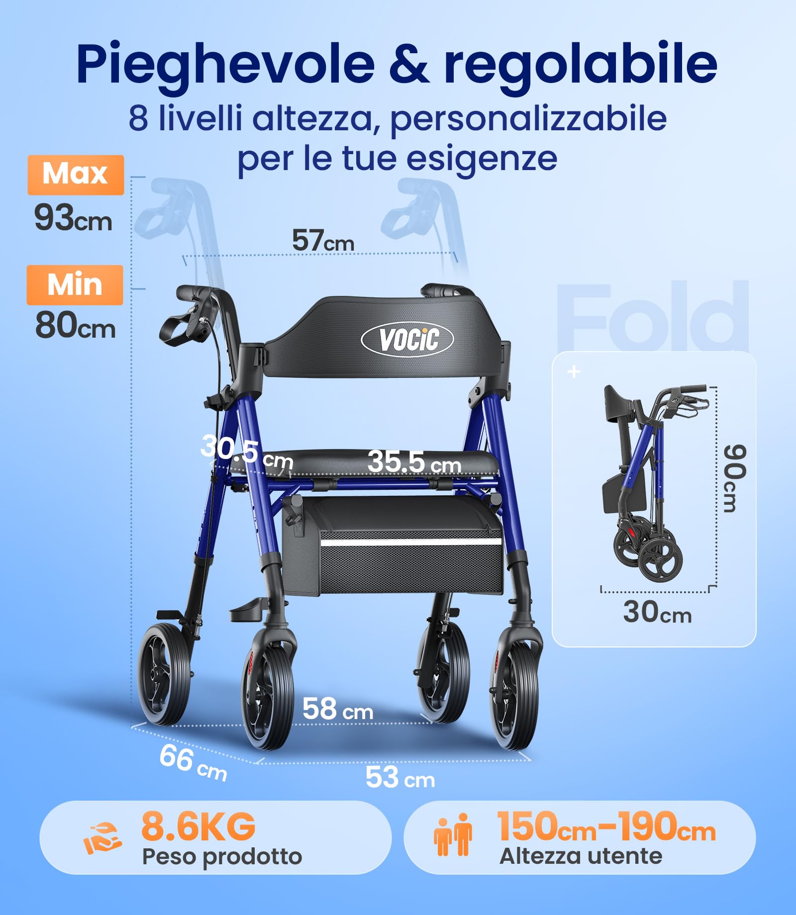 VOCIC deambulatore per anziani 4 ruote,Girello in alluminio leggero con seduta,Rollator pieghevole per alle terrenne, Altezza sedile regolabile,Per esterno e interno,Blu Zaffiro | 5 anni di garanzia