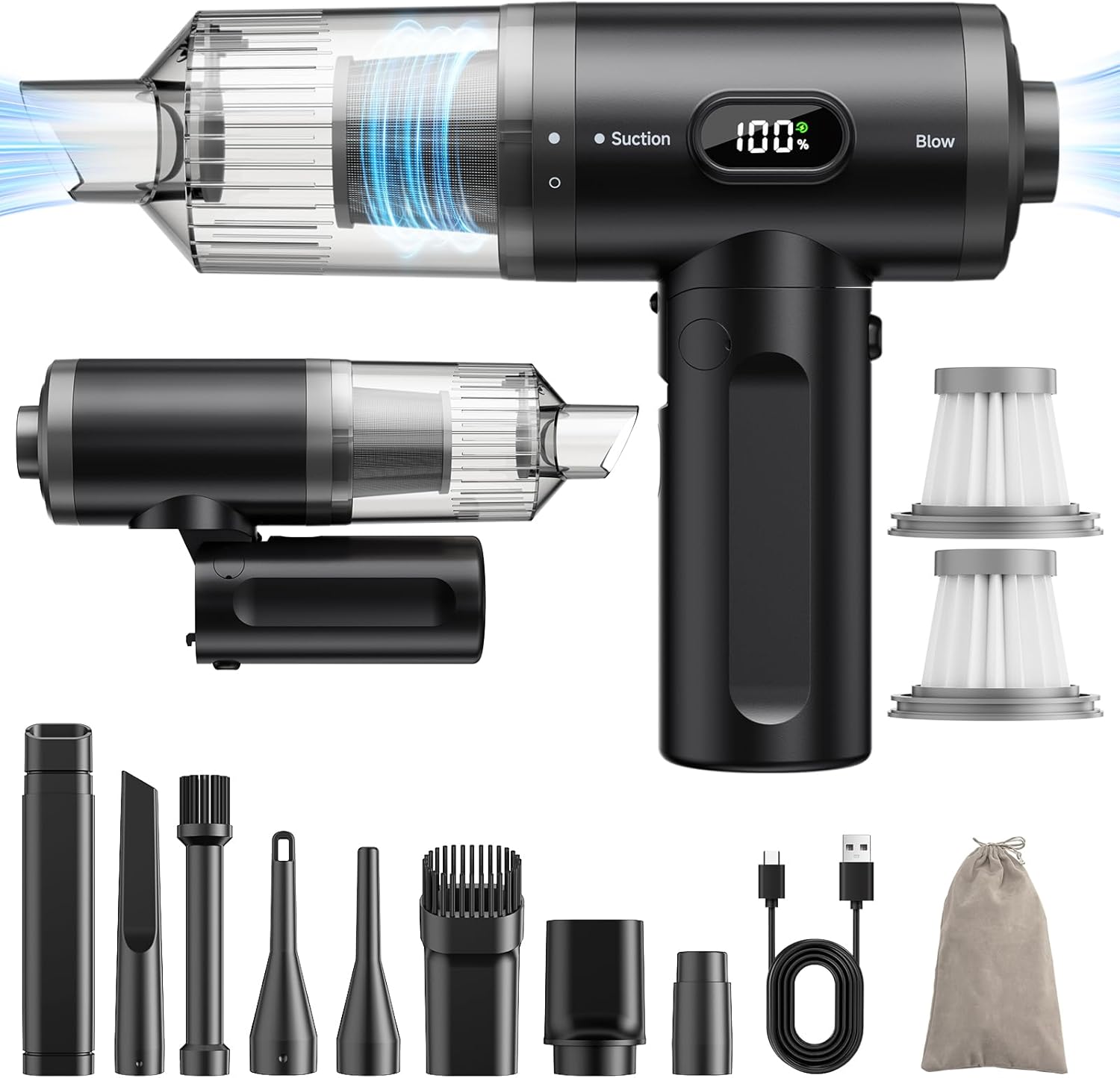 APPS2Car Foldable Handheld Car Vacuum Cleaner, 12000PA High Power Cordless Mini Vacuum with LED & Brushless Motor, 4-in-1 Rechargeable Portable Vacuum for Car, Home, Office APPS2Car Foldable Handheld Car Vacuum Cleaner, 12000PA High Power Cordless Mini Vacuum with LED & Brushless Motor, 4-in-1 Rechargeable Portable Vacuum for Car, Home, Office