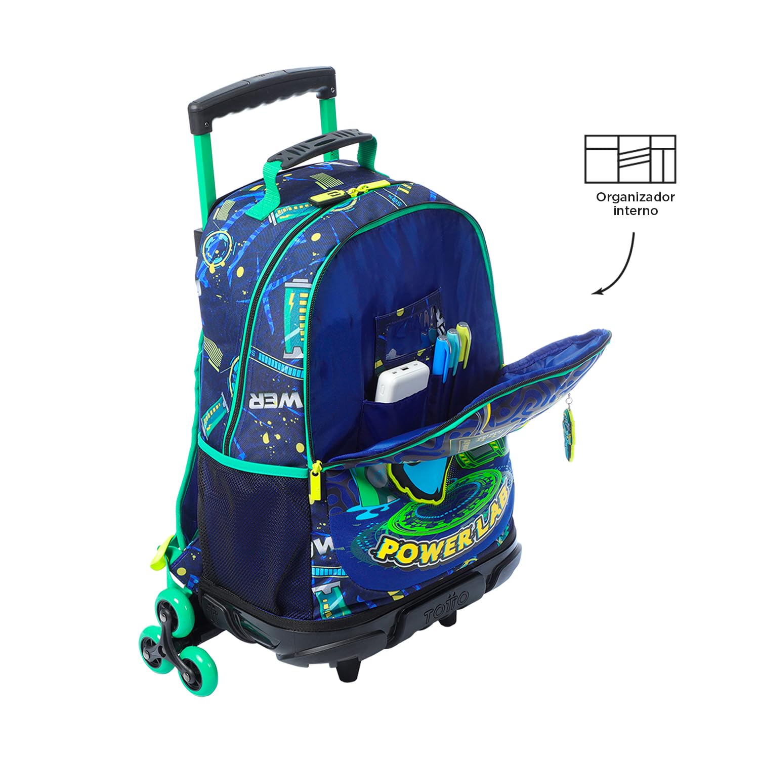 TOTTO - Mochila Escolar con Ruedas, Modelo Kong Lab L, Mochila Grande, Capacidad 25 L, 2 Compartimentos, 2 Bolsillos Botella, Protección en la Base, Sistema de 3 Ruedas, Correas Ajustables, Color Azul