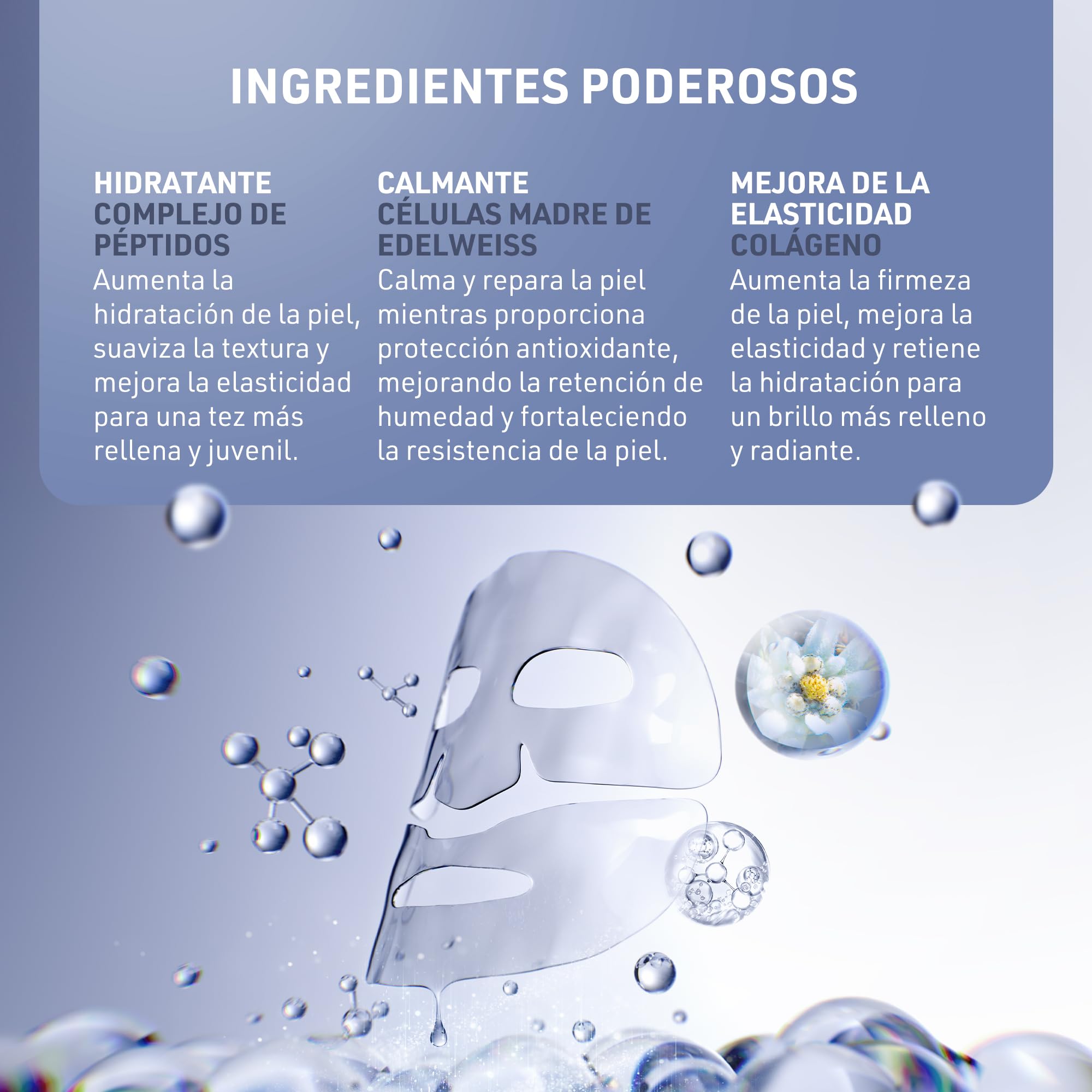 FAQ mascarilla facial Glass Skin con colágeno - Reafirmante e hidratante | Mascarilla hidrogel, Péptidos, Edelweiss, Compatible con LED, Efecto glass skin, Minimiza poros, Todo tipo de piel