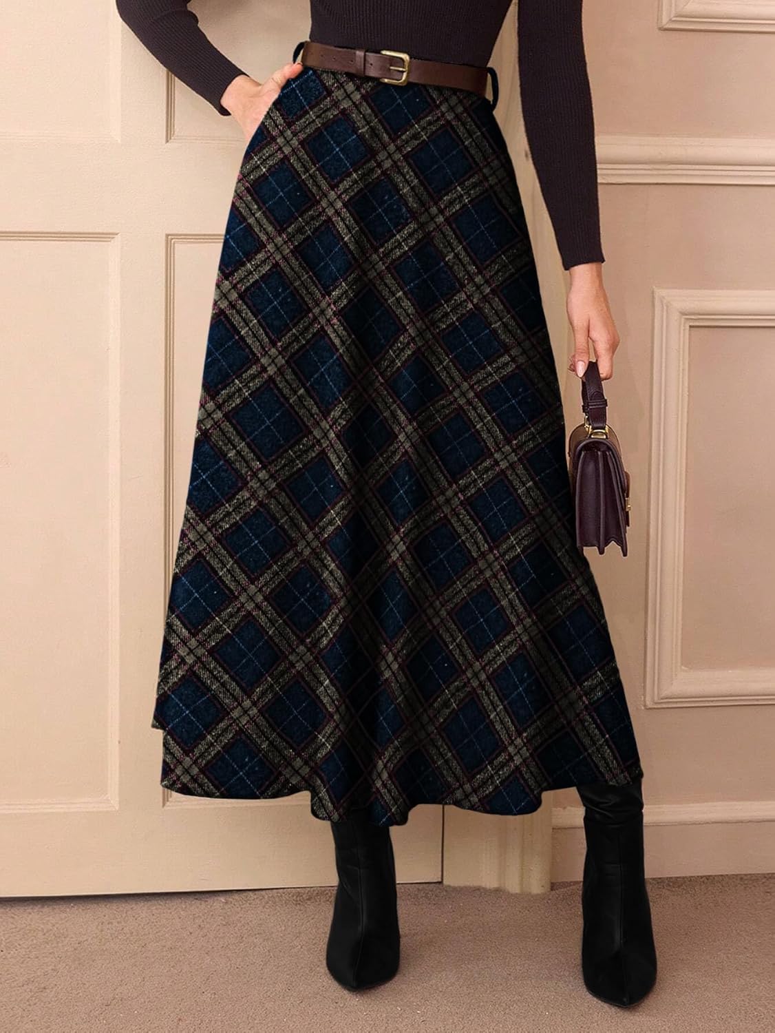 Pink Queen Plaid Skirts for Women 2026 Flared Vintage High Waist A Line Midi Tartan Skirts with Pockets - Image 4