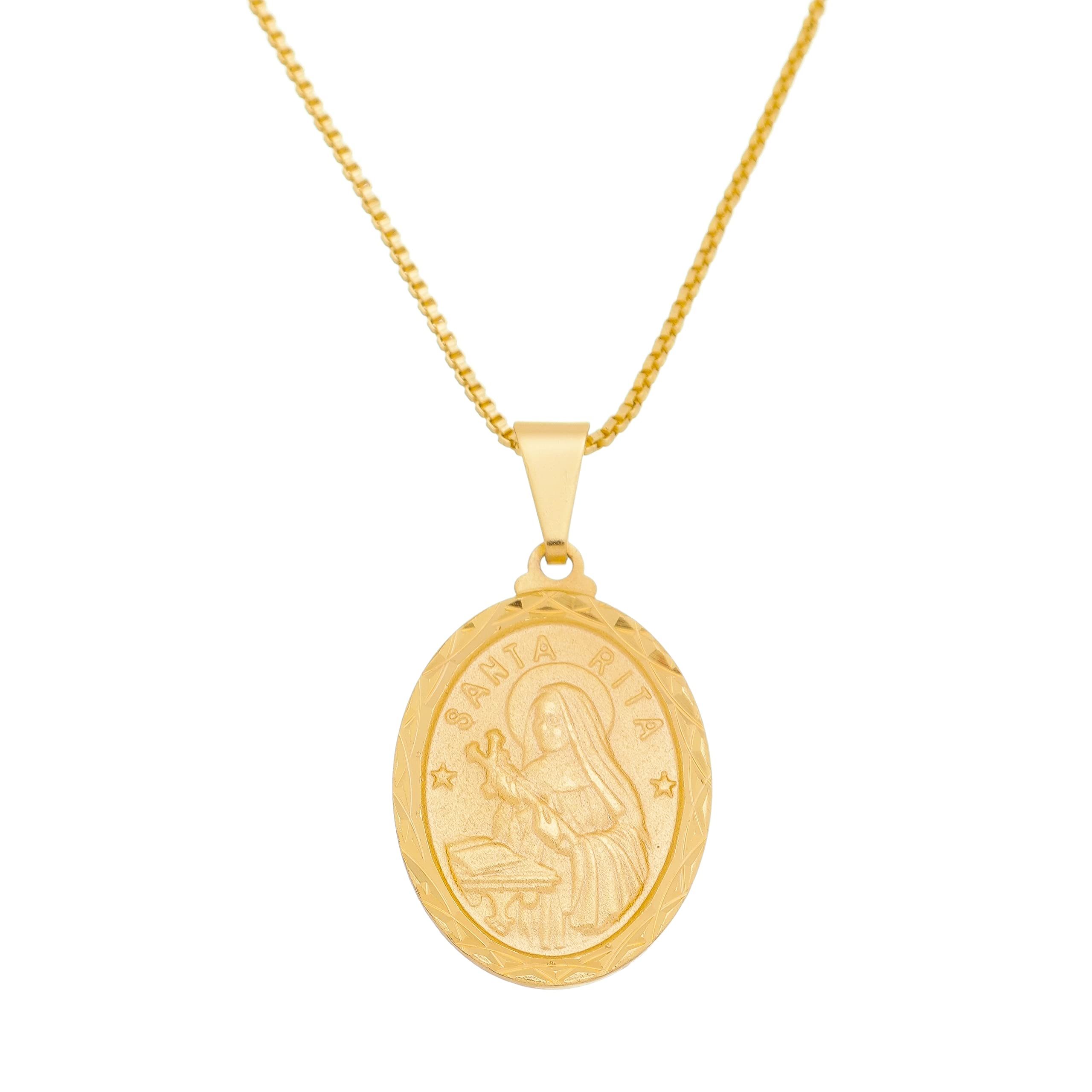 Tudo Jóias 18k gold plated Saint Rita medal Pendant with Box Necklace 23.6 inches