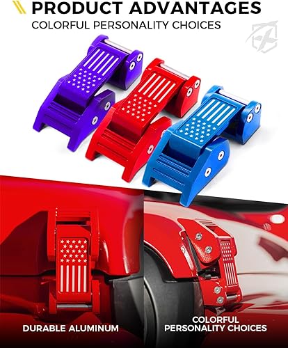 Miniatura 10 de Xprite Pestillos de aluminio morado para capó con bandera de Estados Unidos, kit de pestillos ajustables para capó compatible con Jeep Wrangler JK