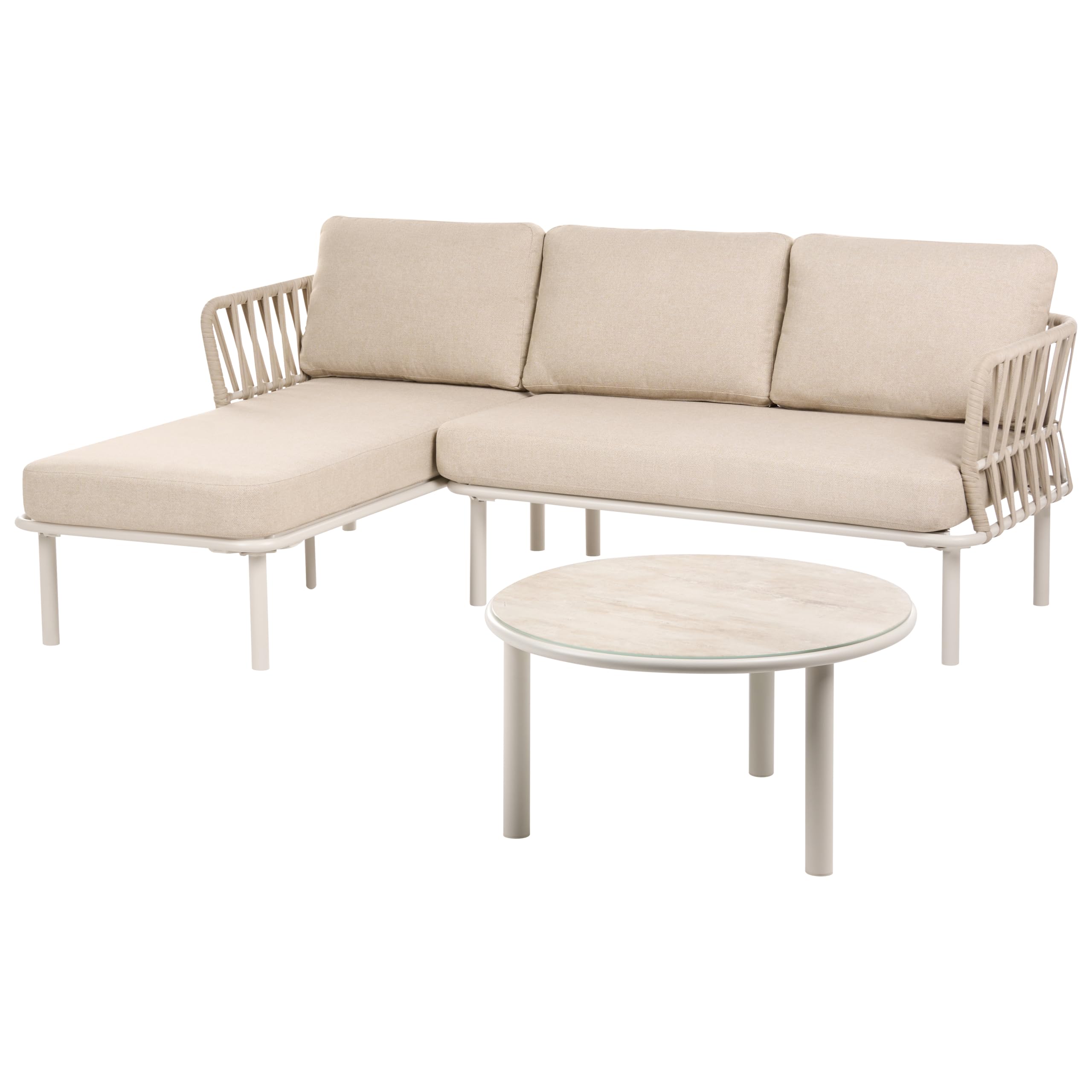 Zestaw ogrodowy 3-osobowy prawostronny sofa i stolik metalowa rama blat ze szkła hartowanego beżowoszary Orte