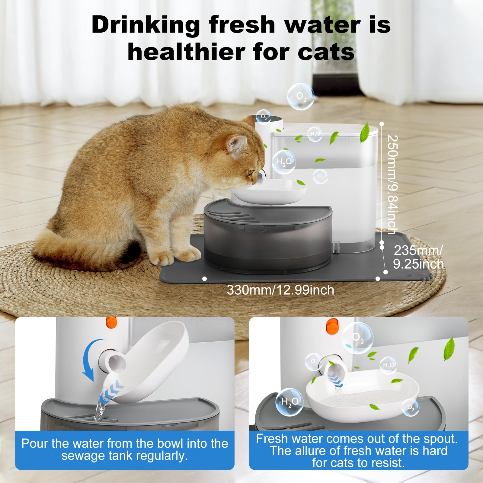 Smart Wireless Pet Water Fountain, 3L Filterless Cat Water Fountain, Rechargeable Automatic Water Dispenser for Cats, Wastewater Separation Always Fresh Water