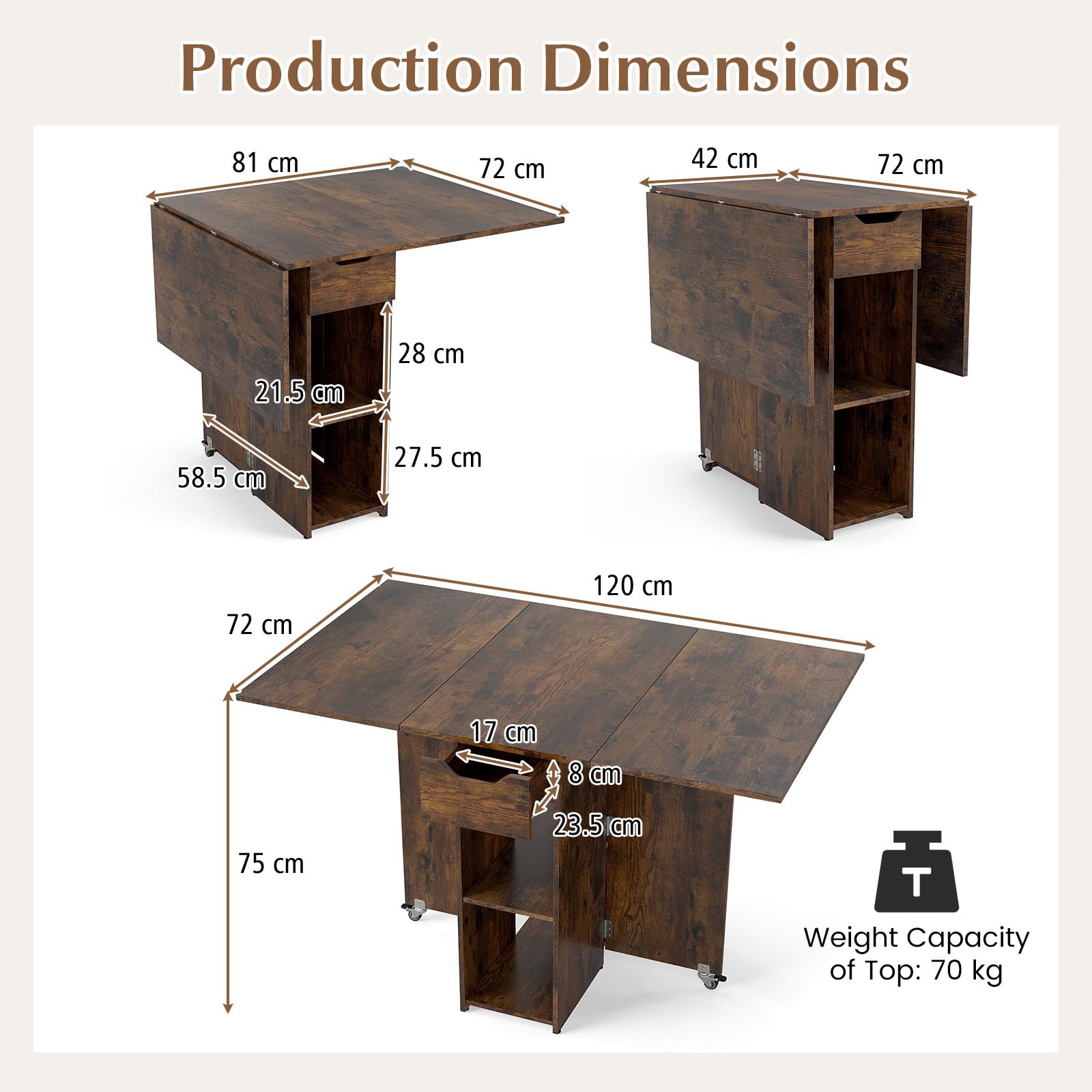 GIANTEX Tavolo da Pranzo Pieghevole, Mobile da Cucina con Ali Pieghevoli, 1 Cassetto e 2 Ripiani Aperti, per 2-4 Persone, Salvaspazio, 120 x 72 x 75 cm, Ideale per Sala e Cucina