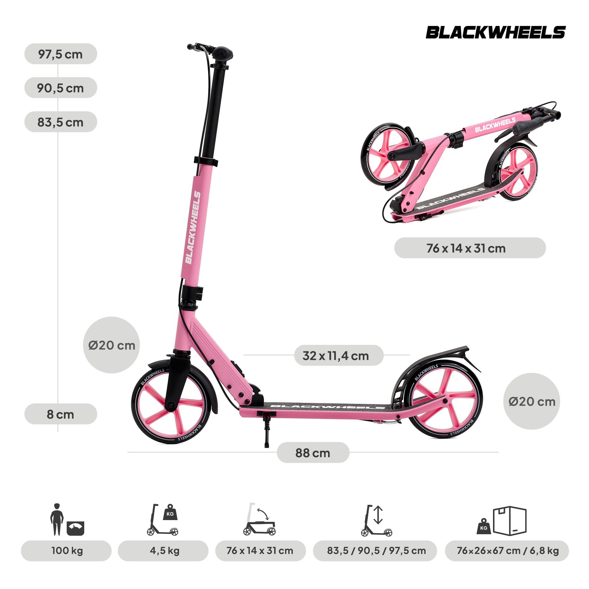 Blackwheels Orio Monopattino Pieghevole da Città – Ruote Grandi 200mm, Regolabile, Leggero in Alluminio, Cinghia Trasporto, Deck Antiscivolo, ABEC 7, Comodo per Adulti e Ragazzi