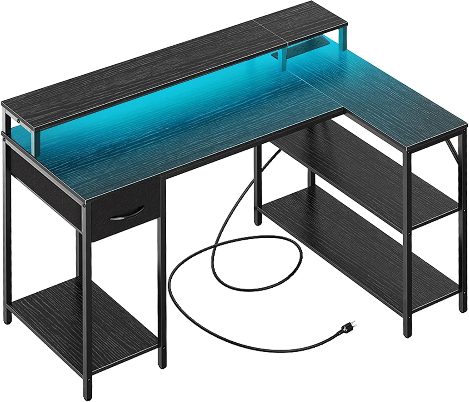 Chulovs L Shaped Computer Desk with Power Outlets & LED Strips, Reversible Corner Desk with Monitor Stand & Storage Shelf, Home Office Desk Gaming Desk (Black)