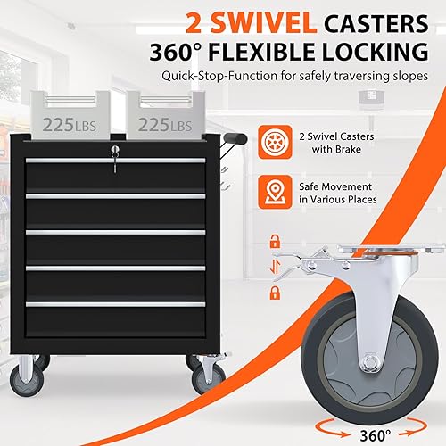 Miniatura 5 de Caja de herramientas con ruedas de 5 cajones, caja de herramientas con 4 ruedas y cajones, gabinete de almacenamiento de herramientas móvil