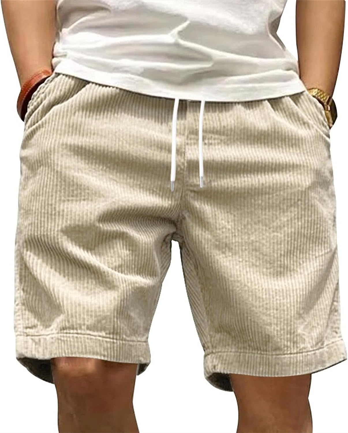 Maiyifu-GJ Men's Corduroy Casual Shorts Summer Elastic Waist Drawstring Athletic Shorts Stretch Lightweight Beach Short Pants
