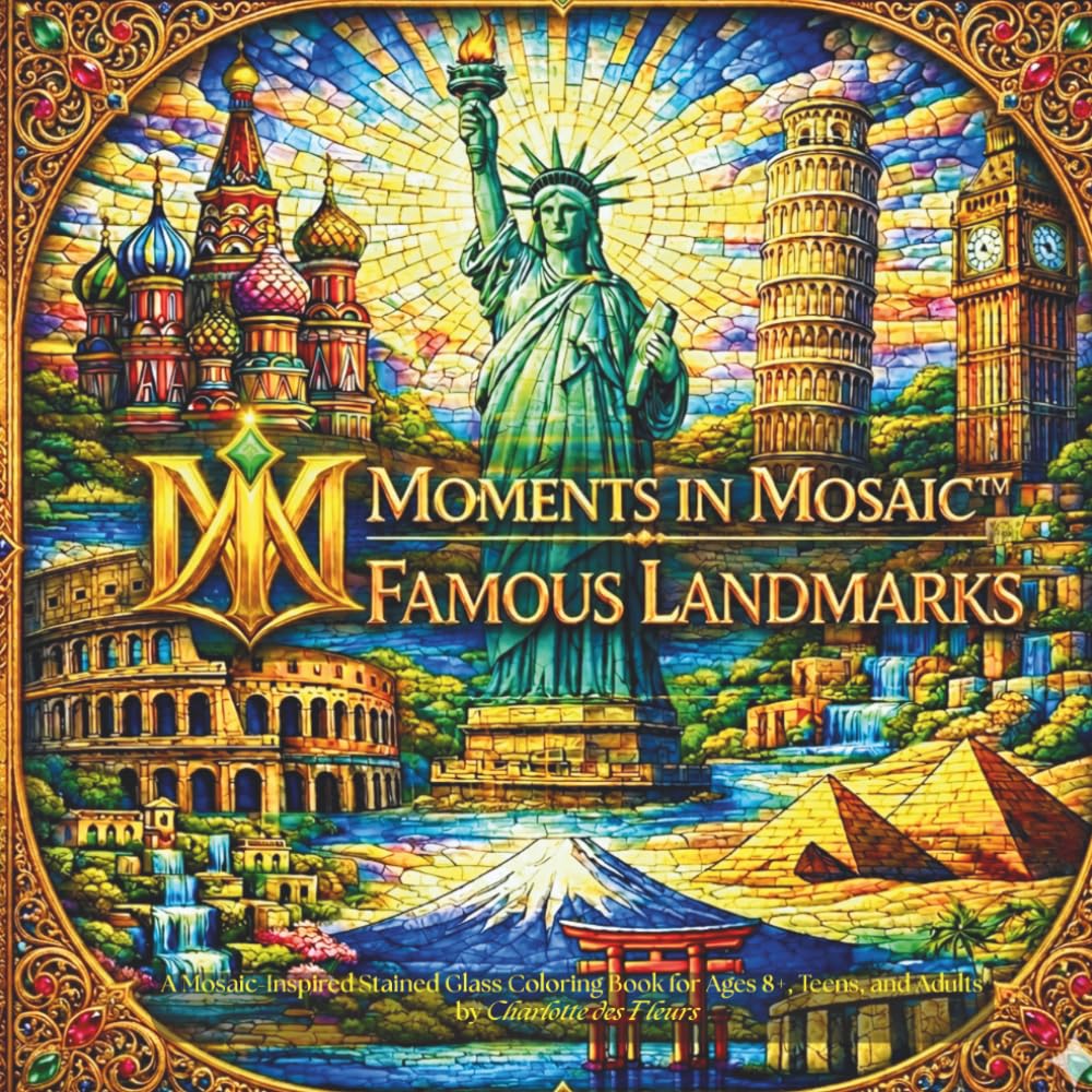 MOMENTS IN MOSAIC: Famous Landmarks: A Mosaic-Inspired Stained-Glass Coloring Books for Ages 8+, Teens, and Adults