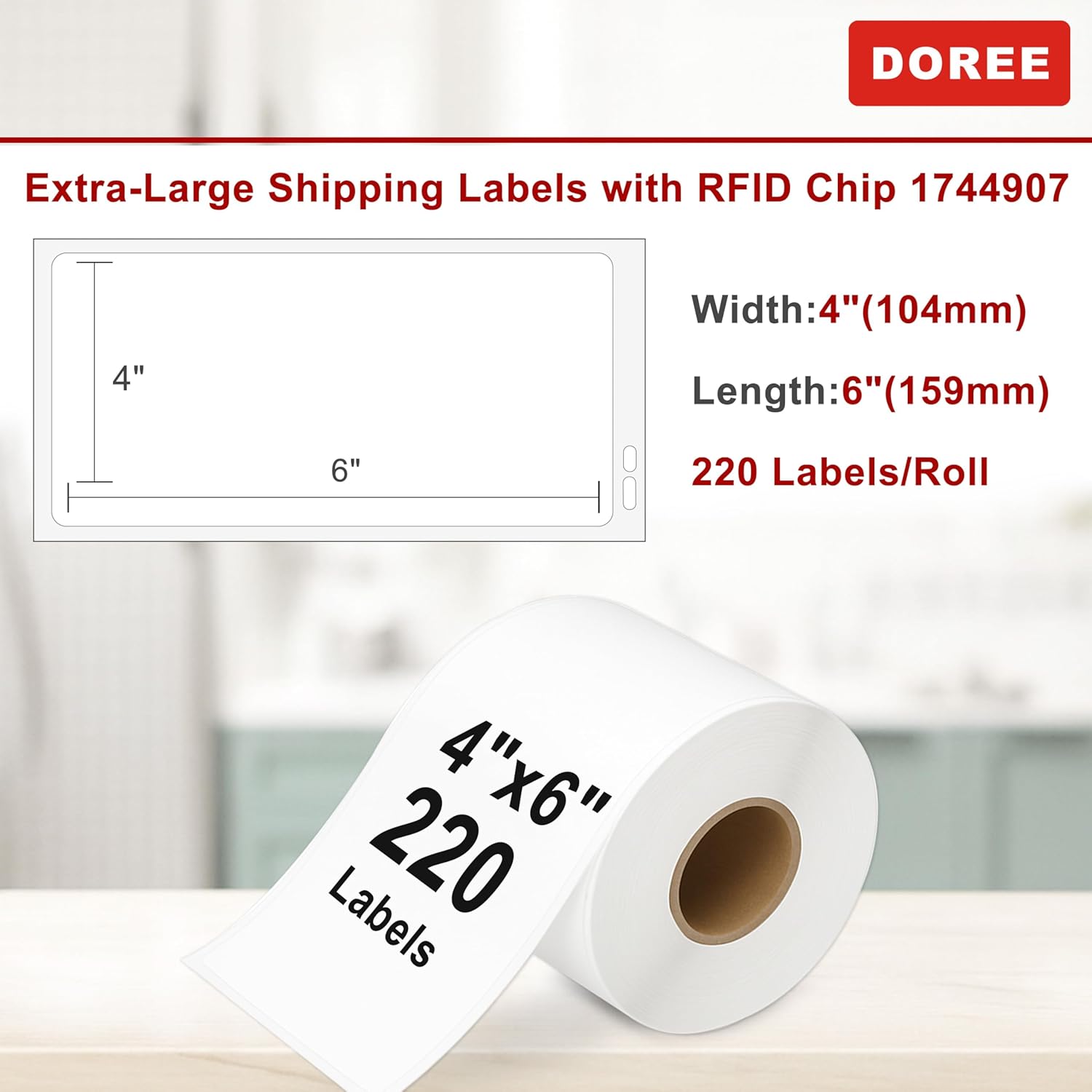 DOREE 4-Roll 4" x 6" Extra-Large Shipping Labels 1744907 with chip, Compatible with Dymo LW 5XL and 4XL Label Printers. (Thermal Shipping Labels, White,4-Rolls Total 880)
