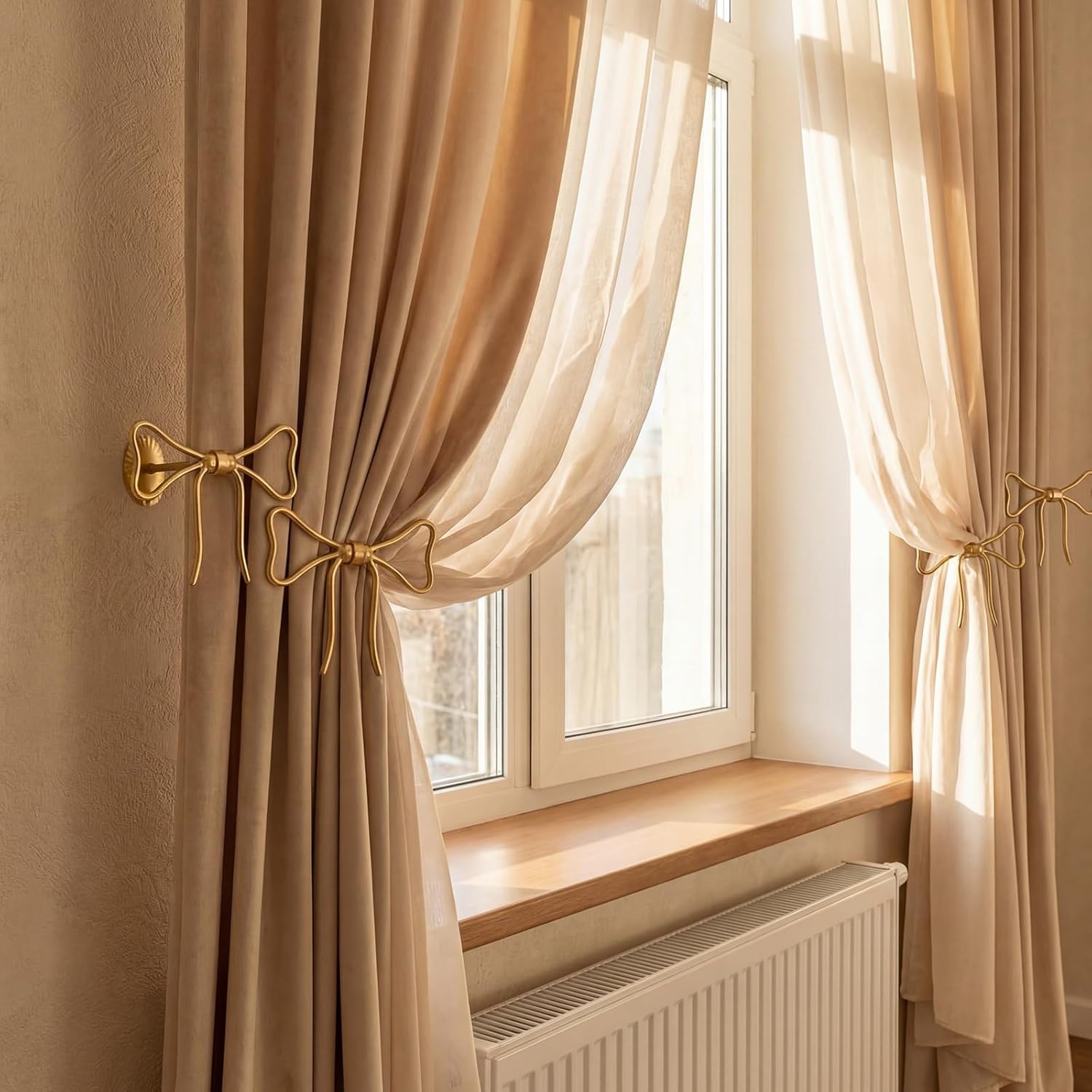 Kathfly 4 Pcs Bow Curtain Holdbacks Gold Metal Curtain Tiebacks Wall Mounted Bow Wall Hooks Pull Back Hooks Decoration for Office Bedroom Living Room Home Decorative