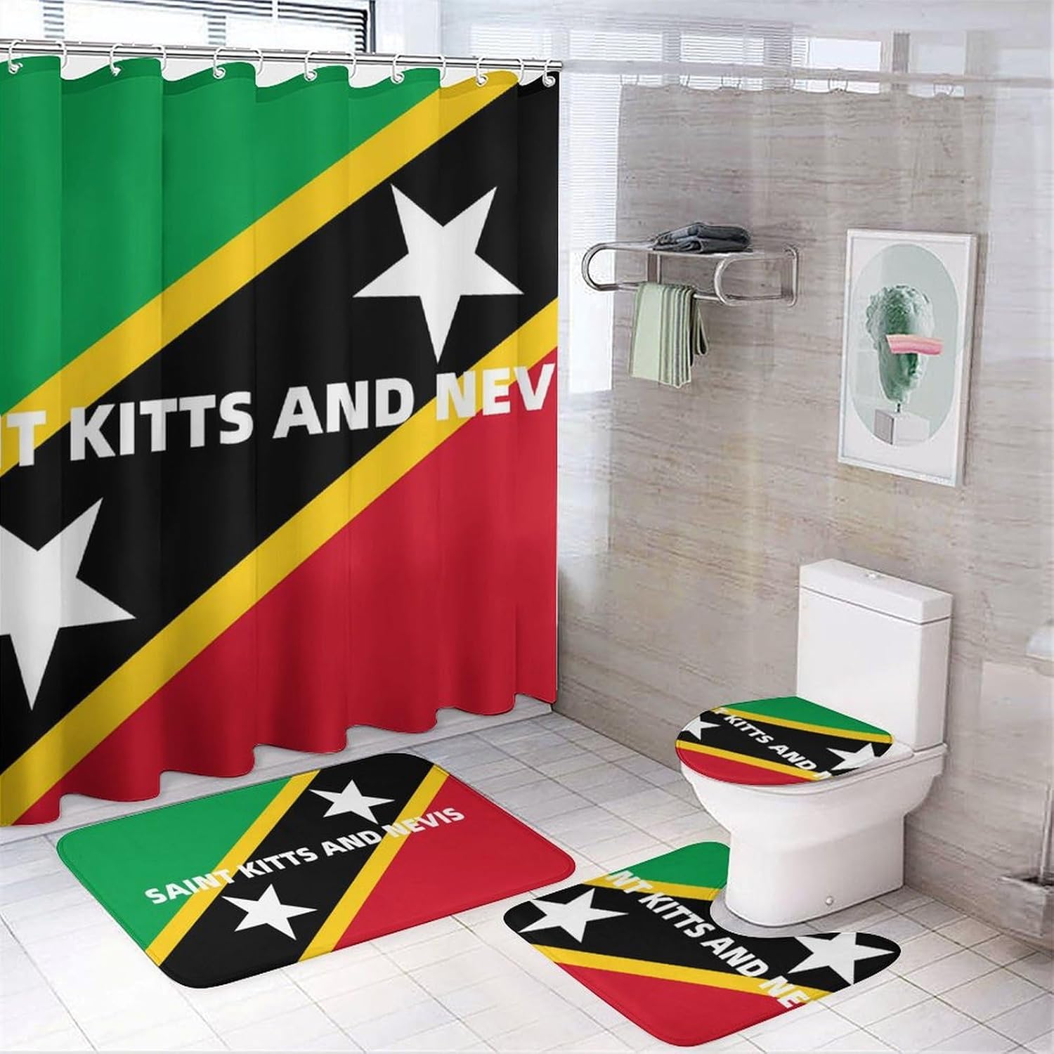 Saint Kitts and Nevis Flag Bathroom Sets with Shower Curtain and Rugs 4 Piece with U-Shaped Floor Mat Toilet Lid Cover