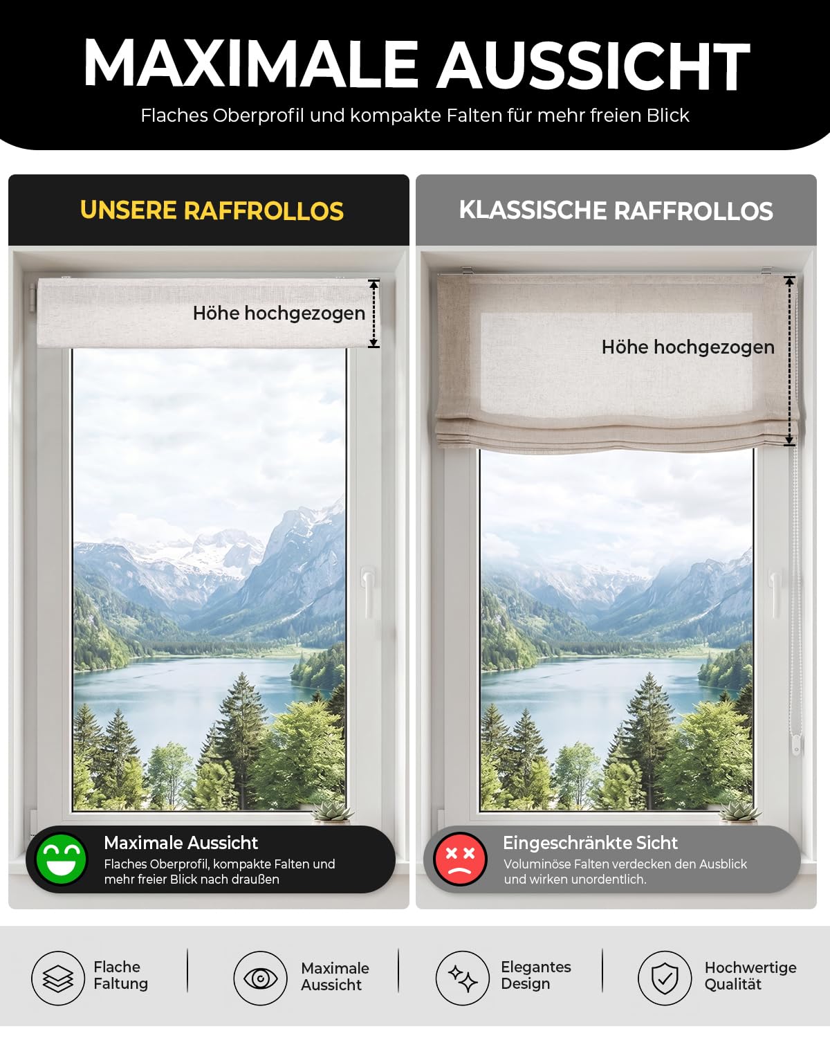 Victoria M. Raffrollo ohne Bohren Leinen Faltrollo Klemmfix, B90 x H240cm