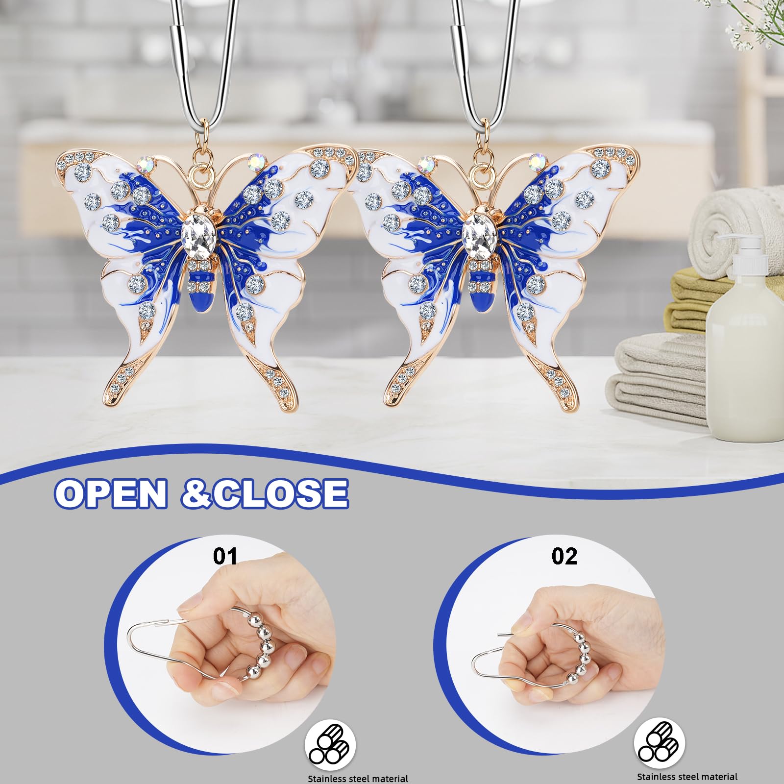 Lot de 12 anneaux de rideau de douche en forme de papillon bleu et blanc, en acier inoxydable, anneaux de douche antirouille, décoration de salon et de salle de bain, cadeau