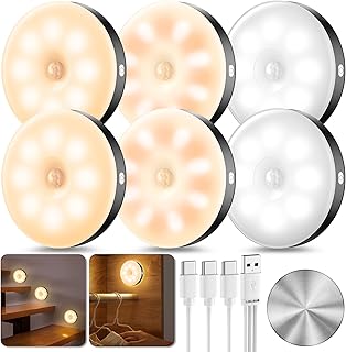 6 Pack Negro Luz Nocturna con Sensor de Movimiento, LáMpara con Sensor de Movimiento Para Interiores USB Recargable, 3 Temperaturas de Color Para Dormitorios, Cocinas, Escaleras, Armarios
