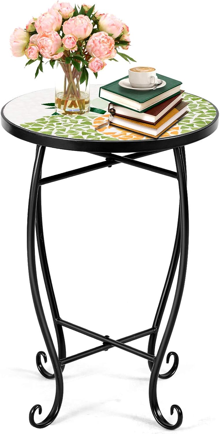 Giantex Outdoor Side Table, Mosaic Patio Table, 14inch Accent Table Plant Stand, Ceramic Tile Top Metal Frame, Small End Table Porch Beach Patio Garden Balcony Poolside