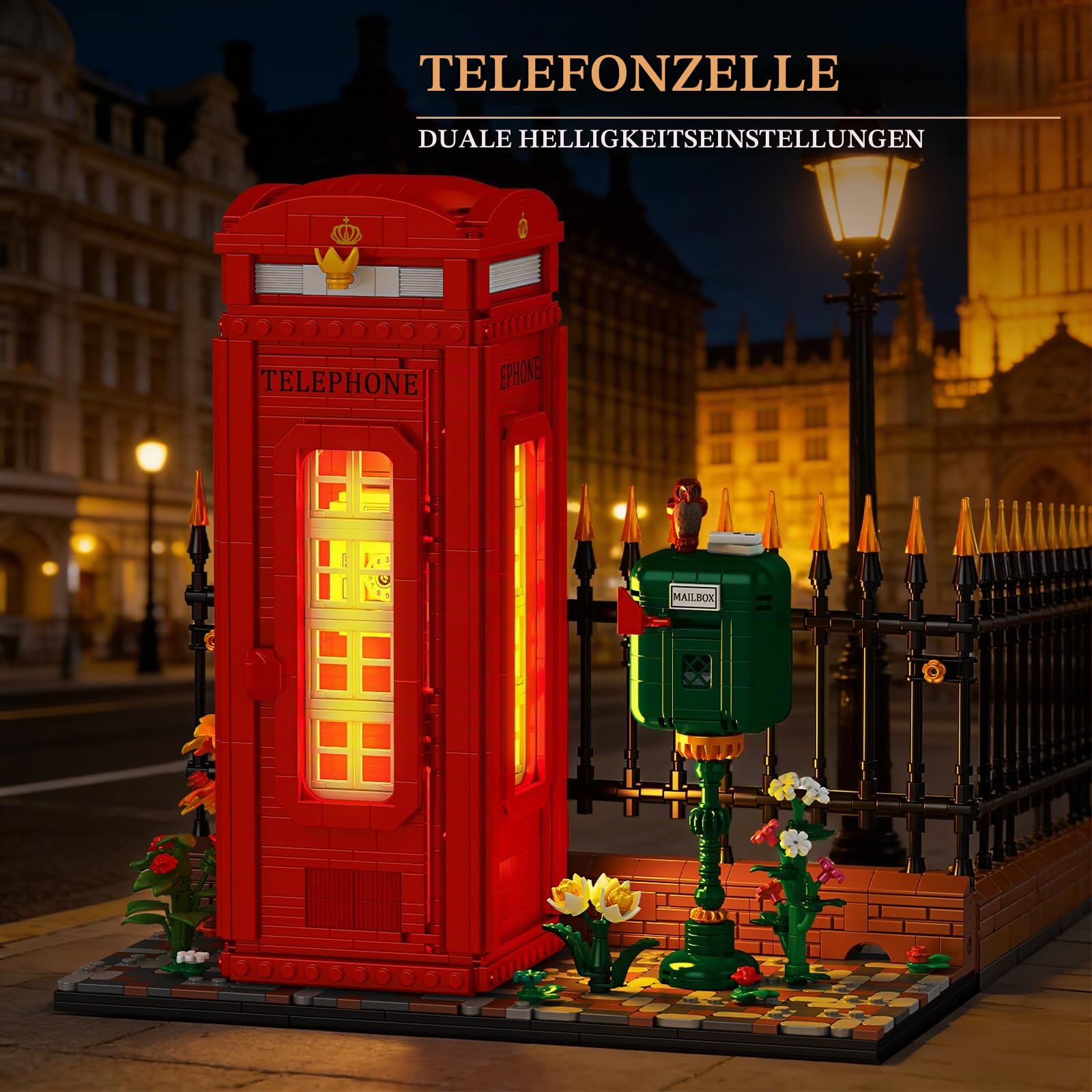 Reobrix Telefonzelle Baustein Set für Erwachsene mit LED Beleuchtung, 66609 Londoner Wahrzeichen Rote Telefonzelle im Vintage Stil, Retro Britische Telefonzelle Bausatz Bauspielzeug（1707 Teile）