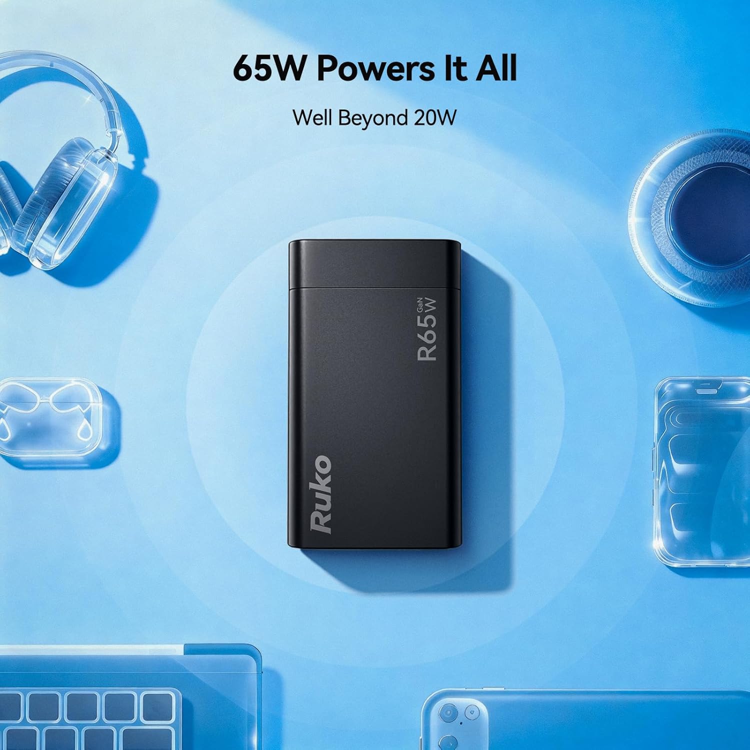 Ruko 65W GaN USB C Charger, 2 Pack with 2 USB-C Cables, Compact Foldable Fast Charger Block, PD 3.0 & QC 3+, Compatible with MacBook, iPhone 17/16, Galaxy S25/S24, iPad Pro, Steam Deck, and More