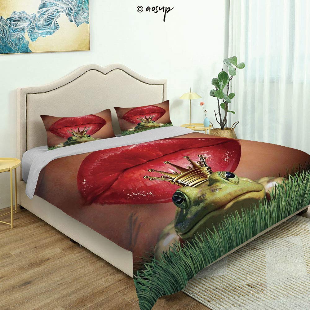 Homenon Bedding Sheet Modern Bed Sets Lady Finds Her Frog Prince Charming Soul Mate in Love Romance Fairy Tale for Teen 3 Pieces (1 Quilt Cover, 2 Pillowcases) (King)