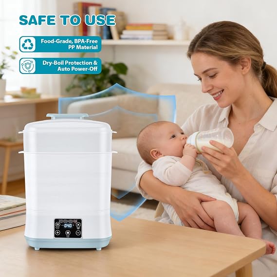 Baby Bottle Sterilizer and Dryer, 5 in 1 Electric Steam Steriliser with Clean Tool Kit, 2 Layer Baby Steam Steriliser for Baby Bottles, Pacifiers, Breast Pump Accessories, White