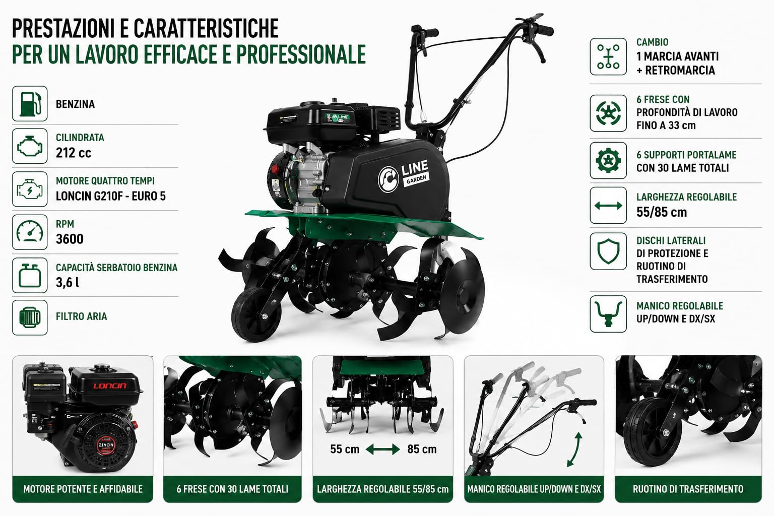Motozappa a Scoppio OHV 212cc E-V CM55-85 Tiller per Orto e Lavorazione Terreno