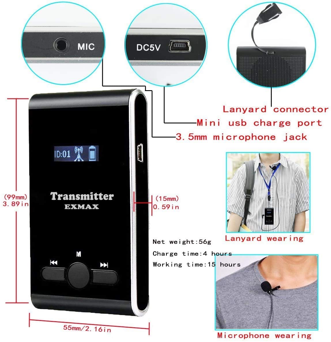 Detalhado view of EXMAX ATG-100T Receiver with dimensions and port labels