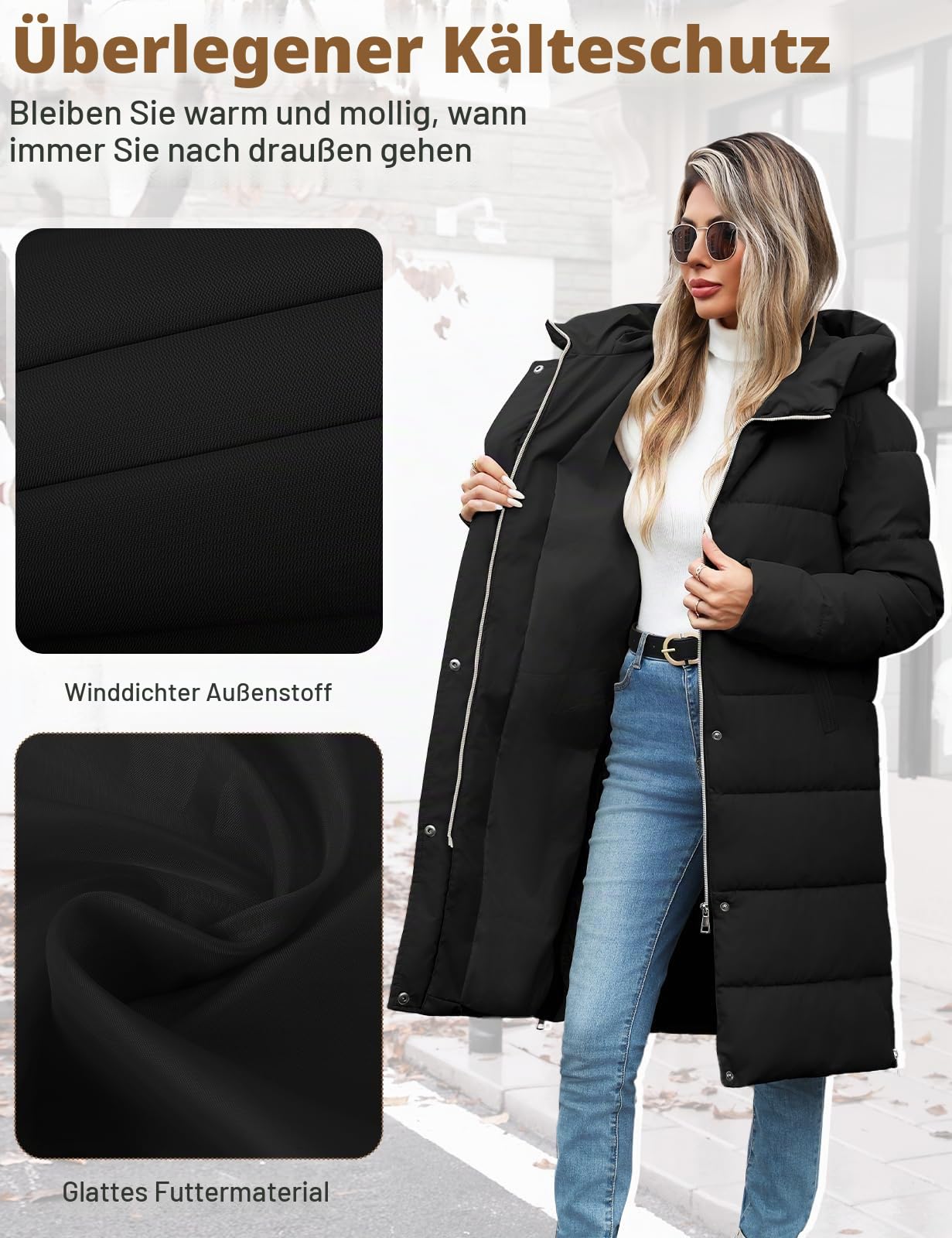 Vancavoo Wintermäntel Damen Lang Gefütterter Steppmantel mit Kapuze