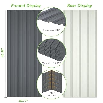 Metal Roof Panels 10 pcs 50 ft2 Gray Galvanized Steel Panels Metal Corrugated Tin Roofing Panels Gazebo Top Cover Heavy Duty Gray Roof Suitable for Garages,Sheds, Stables and Mobile Homes