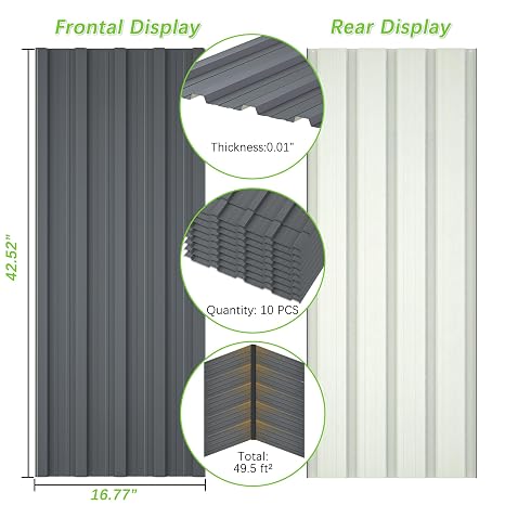 Metal Roof Panels 10 pcs 50 ft2 Gray Galvanized Steel Panels Metal Corrugated Tin Roofing Panels Gazebo Top Cover Heavy Duty Gray Roof Suitable for Garages,Sheds, Stables and Mobile Homes