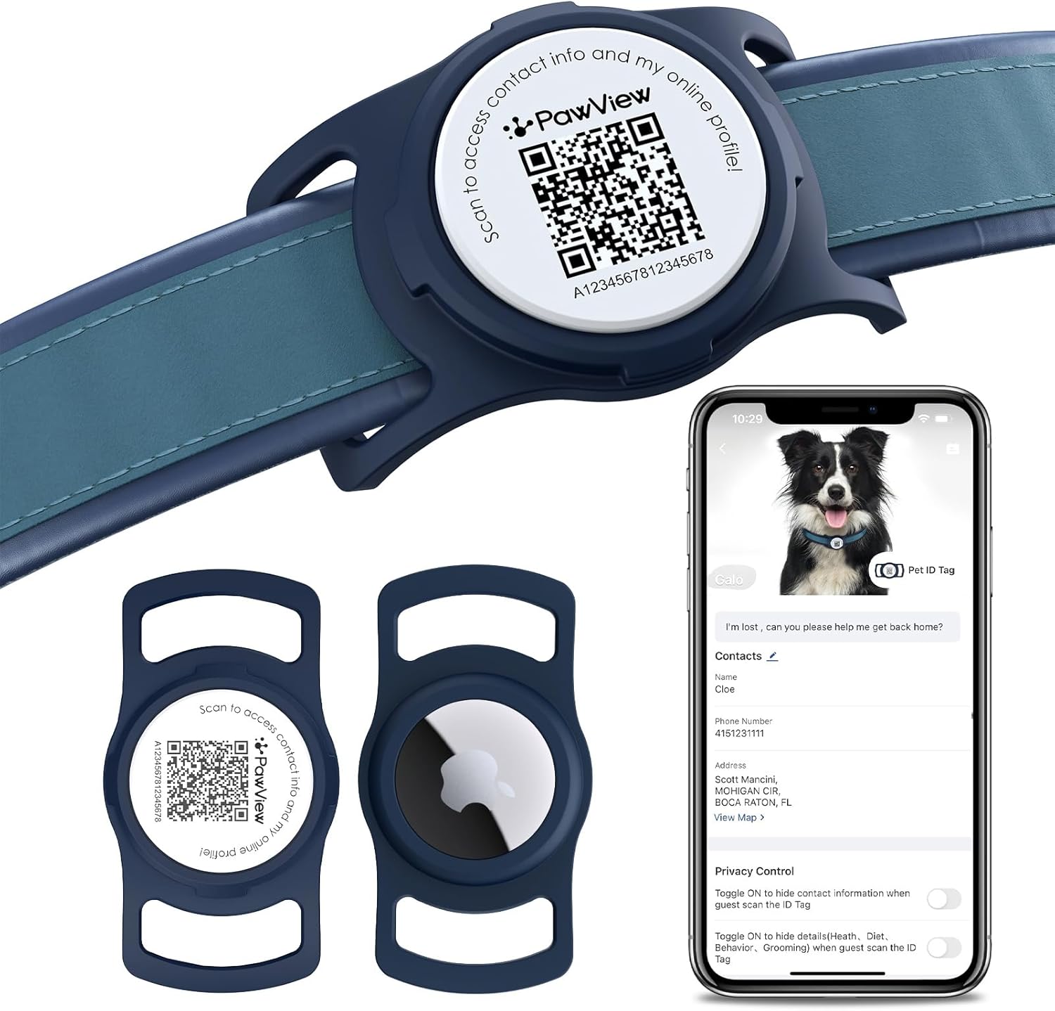 PawView AirTag Dog Collar Holder, Smart QR Code AirTag