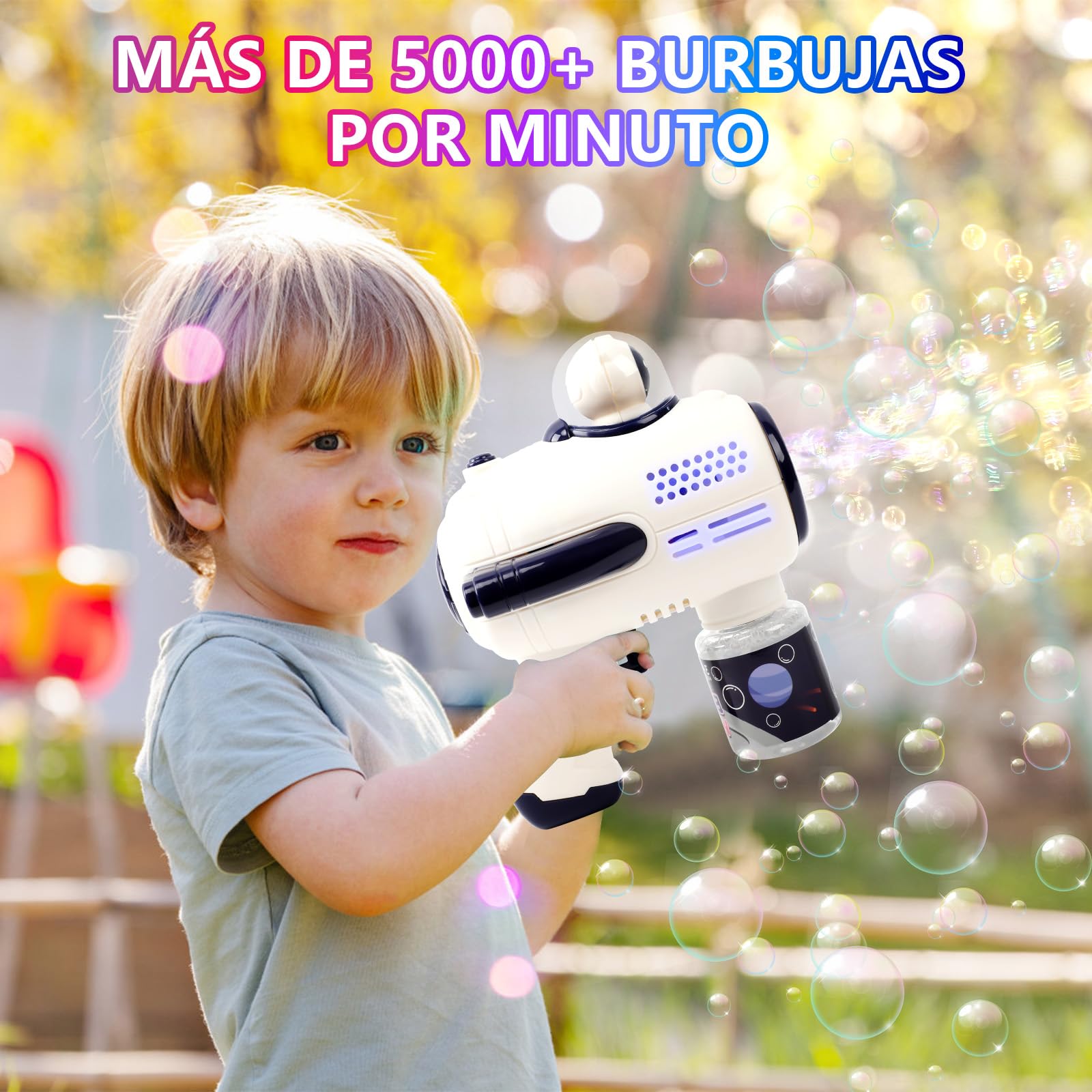 Pistola de Burbujas,Máquina Automática de Burbujas 10000+Burbujas/Min Soplador de Burbujas con Luces para Fiestas al Aire Libr/Boda/Cumpleaños etc.