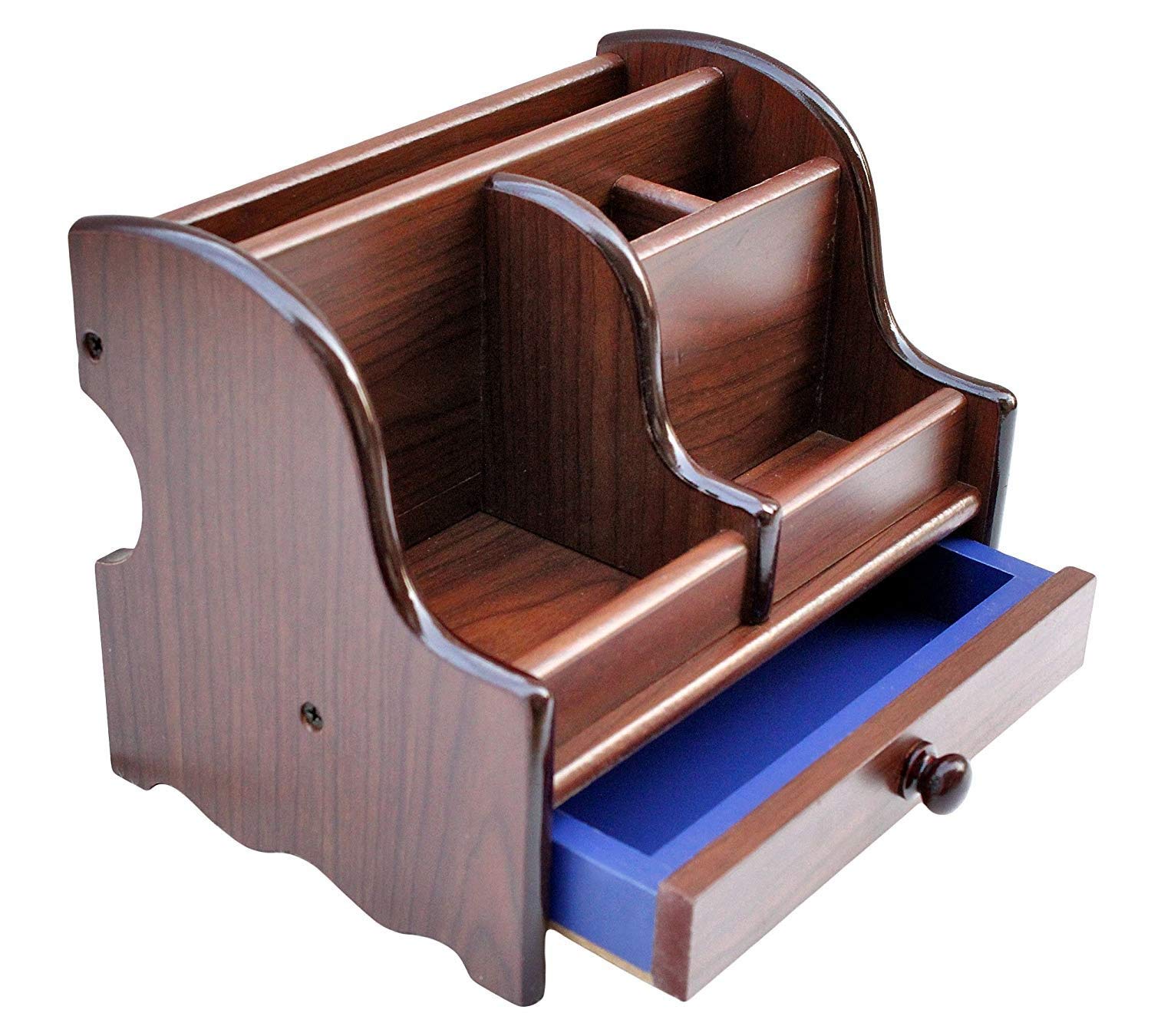 Samyuktha Organizador de mesa de escritorio de oficina de madera pulida, soporte para bolígrafos de gran tamaño con cajón, 6 compartimentos, soporte para bolígrafos/soporte para lápices, organizador