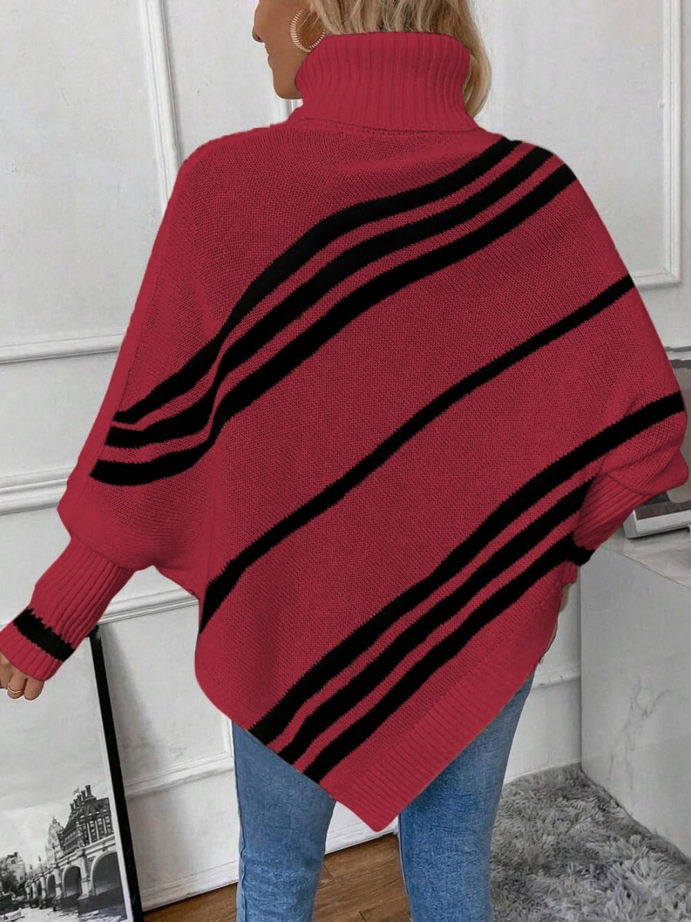 ZAFUL Women's Asymmetrical Turtleneck Poncho Sweaters Drop Shoulder Cable Knit Casual Pullover Sweater - Image 2