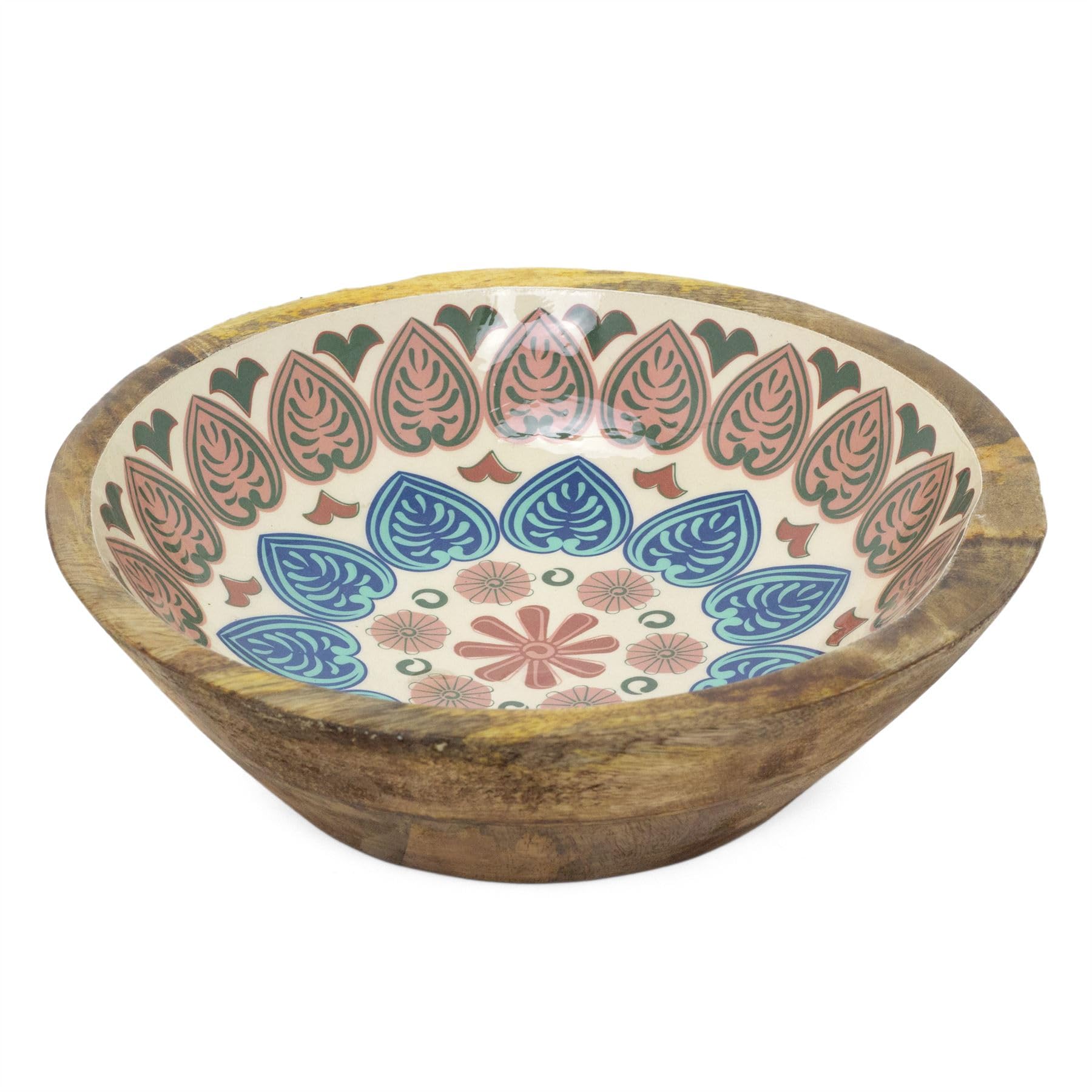Carousel Home Meze Wooden Enamel Bowl | Moroccan Inspired Mango Wood Salad Bowl | Handcrafted Large Decorative Serving dish - 25cm