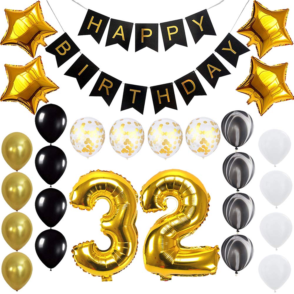 Happy 32nd Birthday Banner Balloons Set for 32 Years Old Birthday Party Decoration Supplies Gold Black