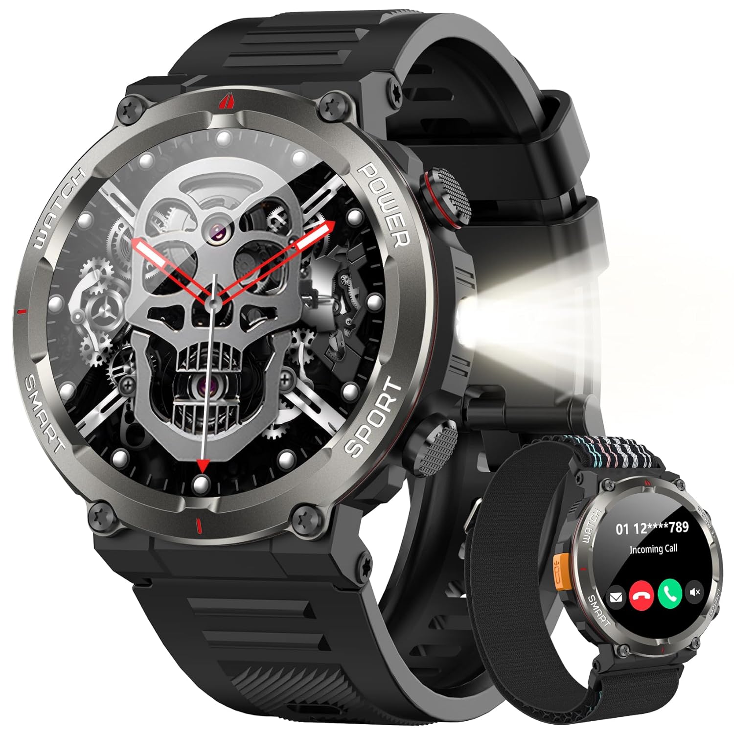 IOWODO Military Smart Watch for Men -100-Day Long Battery Life Fitness Tracker with LED Flashlight Compass Heart Rate