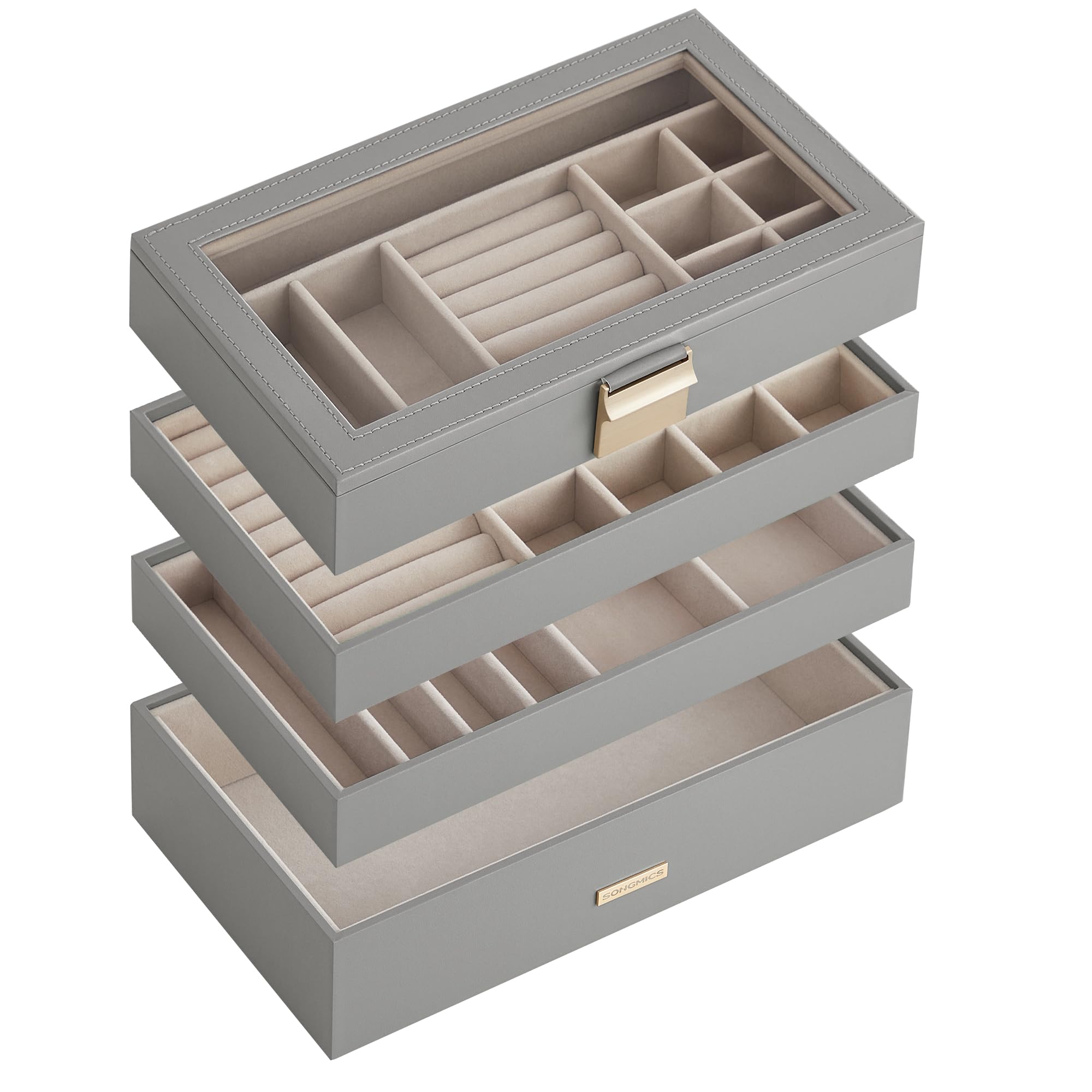 SONGMICS Scatola Portagioie con 4 Vassoi Impilabili, Porta Gioielli Capiente, Coperchio in Vetro Chiaro, 17 x 28 x 18,3 cm, per Cassetto Toeletta, Idea Regalo, Grigio Tortora JBC164G01