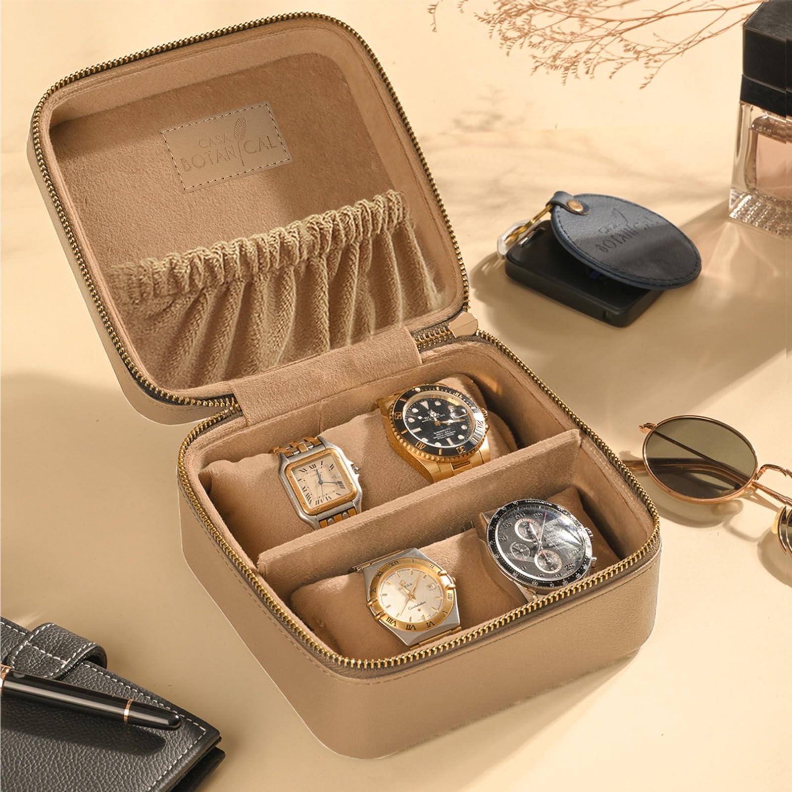 Faux Leather Jewellery Organizer Box for Women & Men - Beige Leather Box with Compartments, Travel Portable Storage for Watches & Accessories, Ideal Accessories Storage Box Gift & Travel Organizer