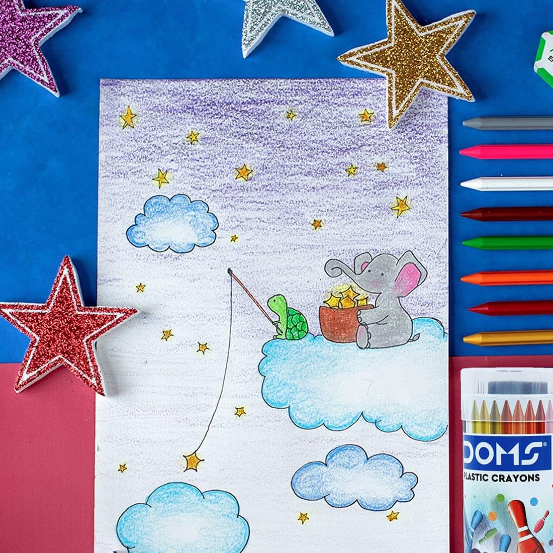 Doms 28 Shades Erasable Plastic Crayons Round Tin Box | Smooth & Even Shading | Bright & Playful Colors | Free Sharpner Inside | Non-Toxic & Safe For Childrens | Pack of 2