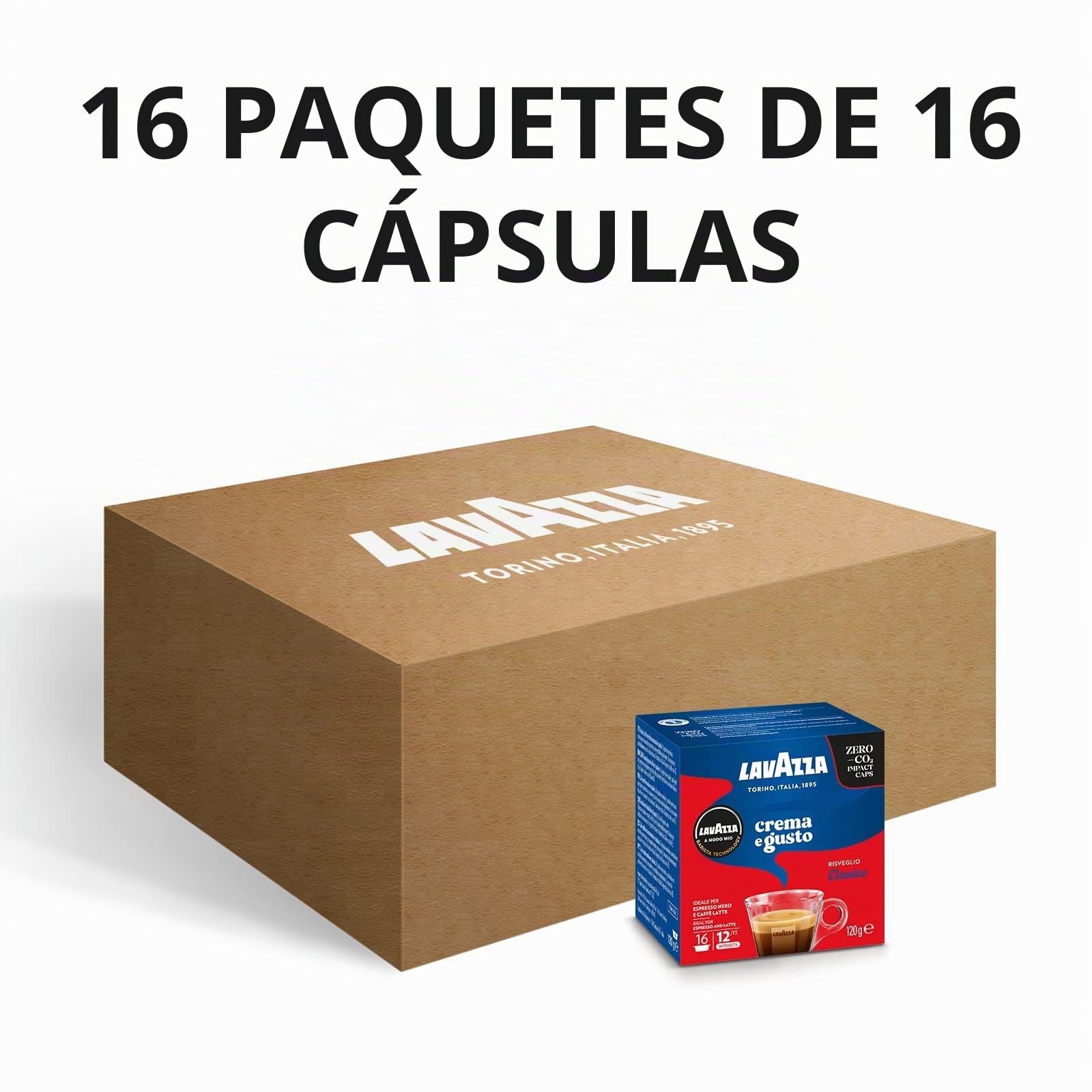Lavazza, A Modo Mio Crema y Sabor Clásico, 256 Cápsulas Café para Espresso con Notas de Chocolate y Frutas Secas, Arabica y Robusta, Intensidad 12/13, Asado Mediano, 16 Cajas de 16 Cápsulas