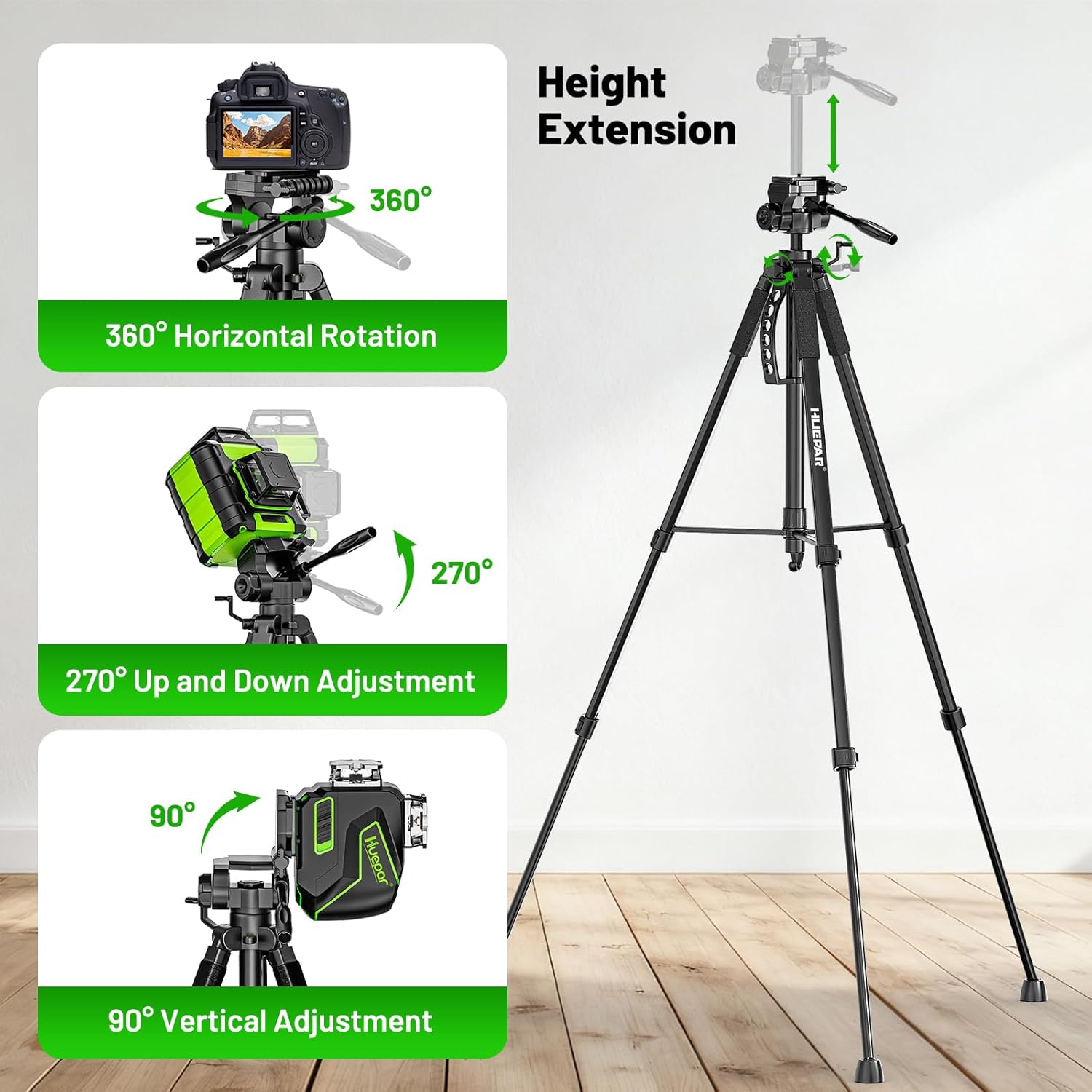 Huepar Professional Laser Level Tripod, 68 Inch Adjustable Lazer Leveler Stand, Suit for Heavy Duty Lasers Levels, Point Laser, Distance Measure - Phone Holder, 1/4" & 5/8" Thread Mount, Non-Slip Feet
